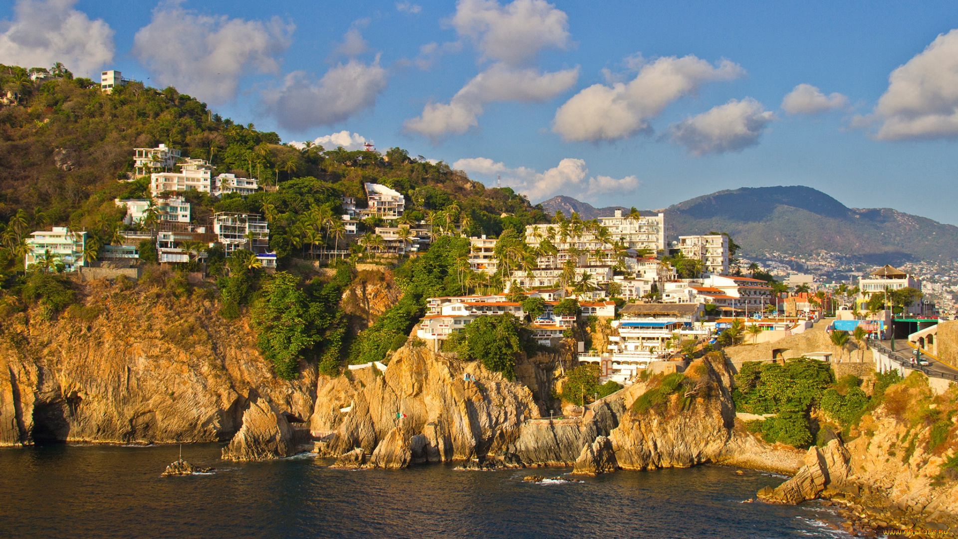 города, -, панорамы, море, горы, дома, acapulco, солнце, небо, скалы, облака, мексика, побережье, деревья