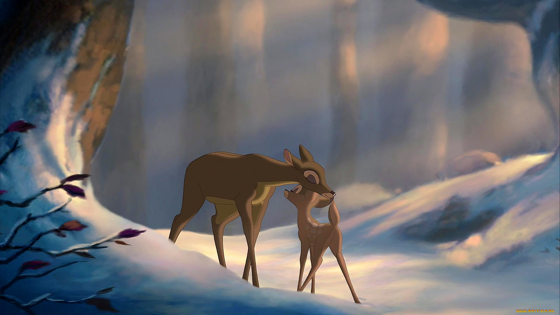 мультфильмы, bambi, 2, олененок, олень, снег, деревья