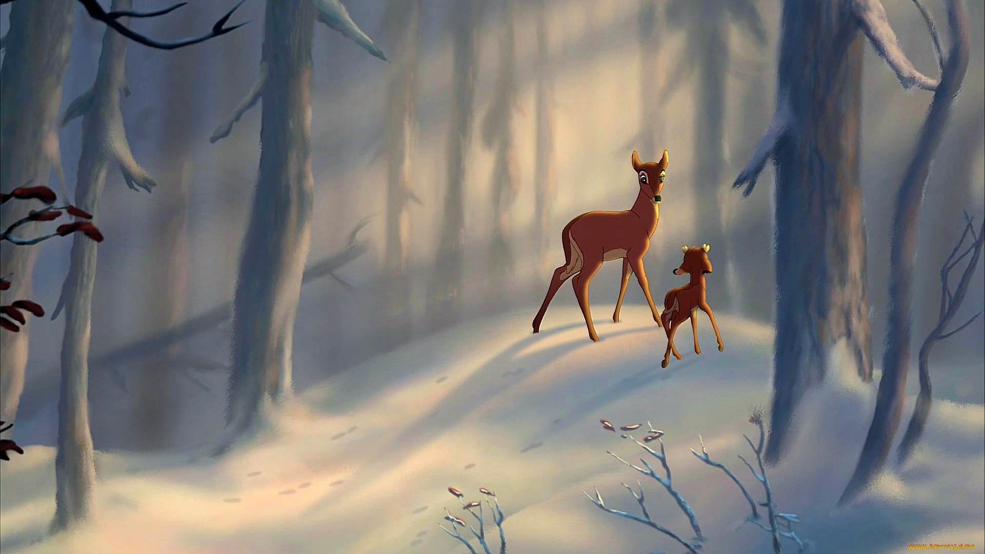 мультфильмы, bambi, 2, олененок, олень, снег, деревья