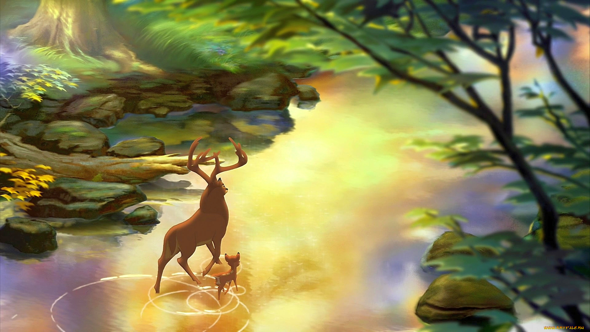 мультфильмы, bambi, 2, олененок, олень, водоем, растения