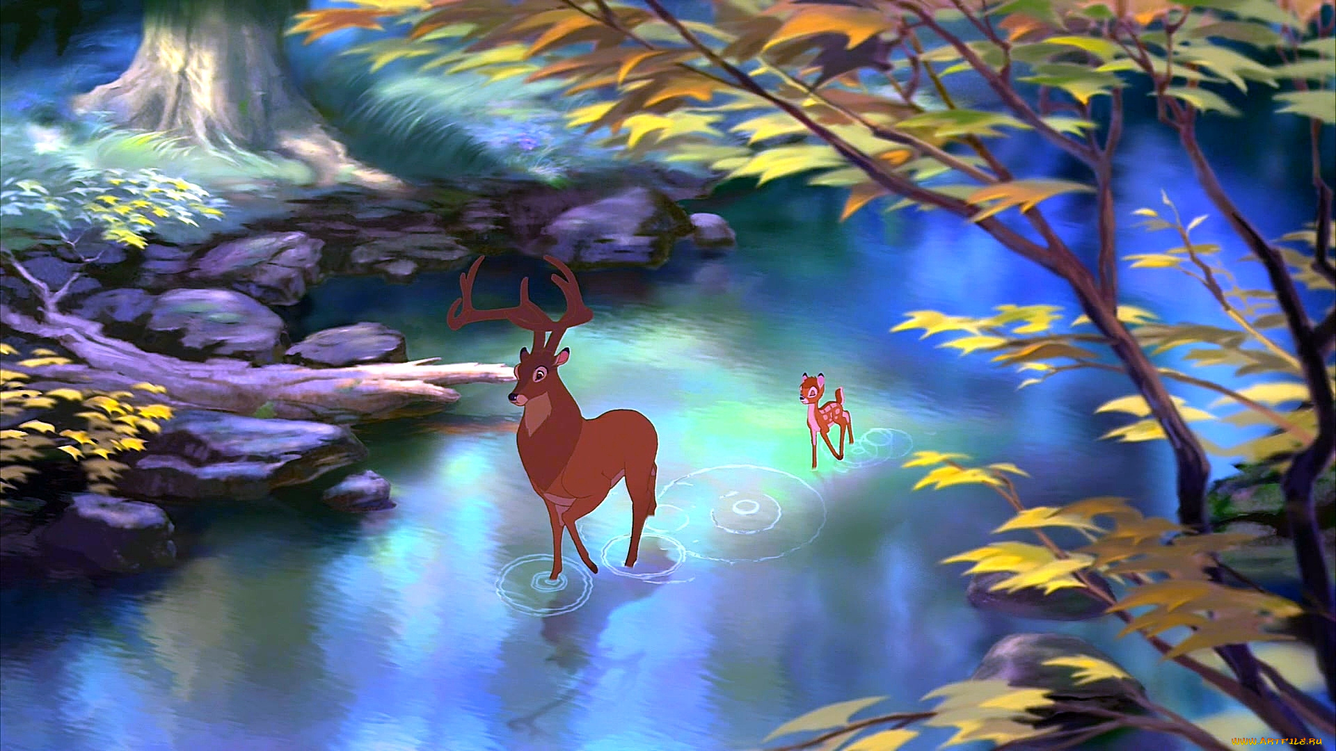 мультфильмы, bambi, 2, олененок, олень, водоем, растения