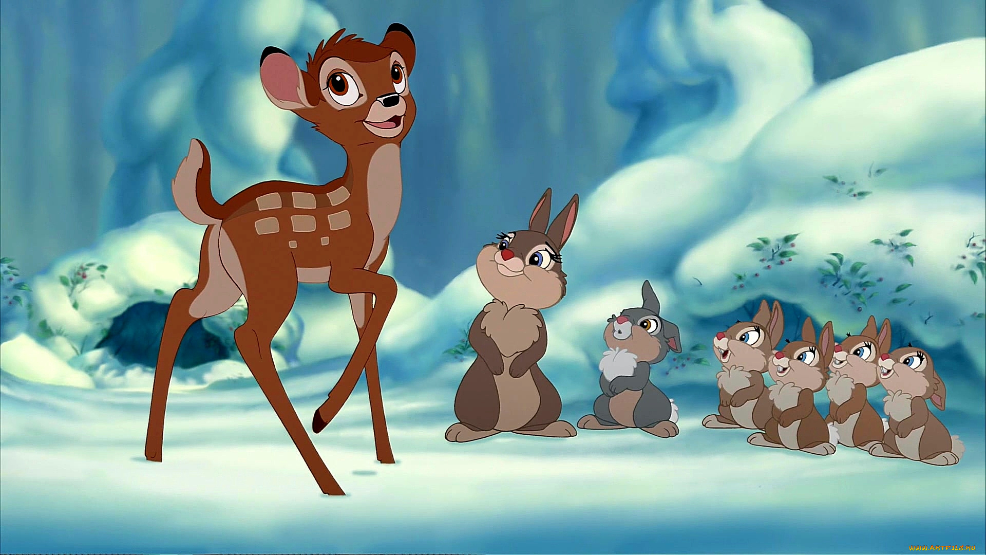 мультфильмы, bambi, 2, олененок, заяц, много, снег