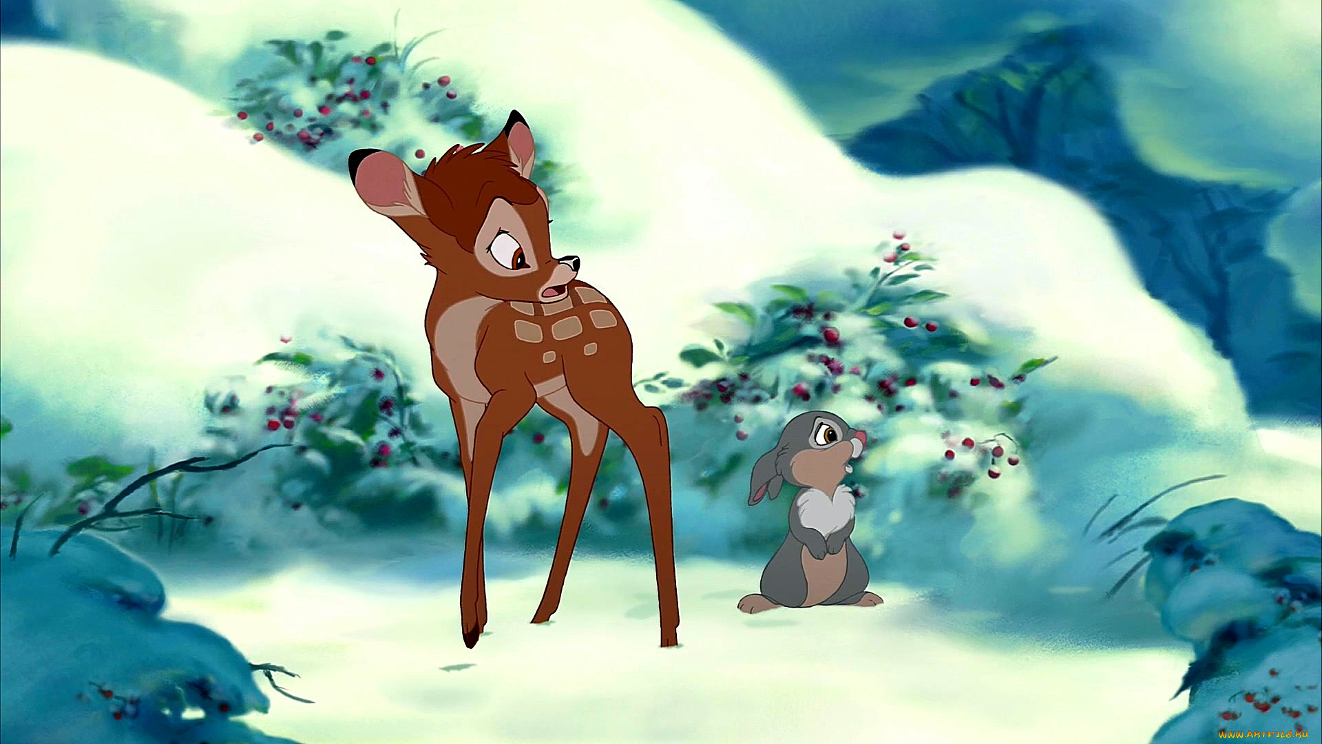 мультфильмы, bambi, 2, олененок, заяц, снег, ягода