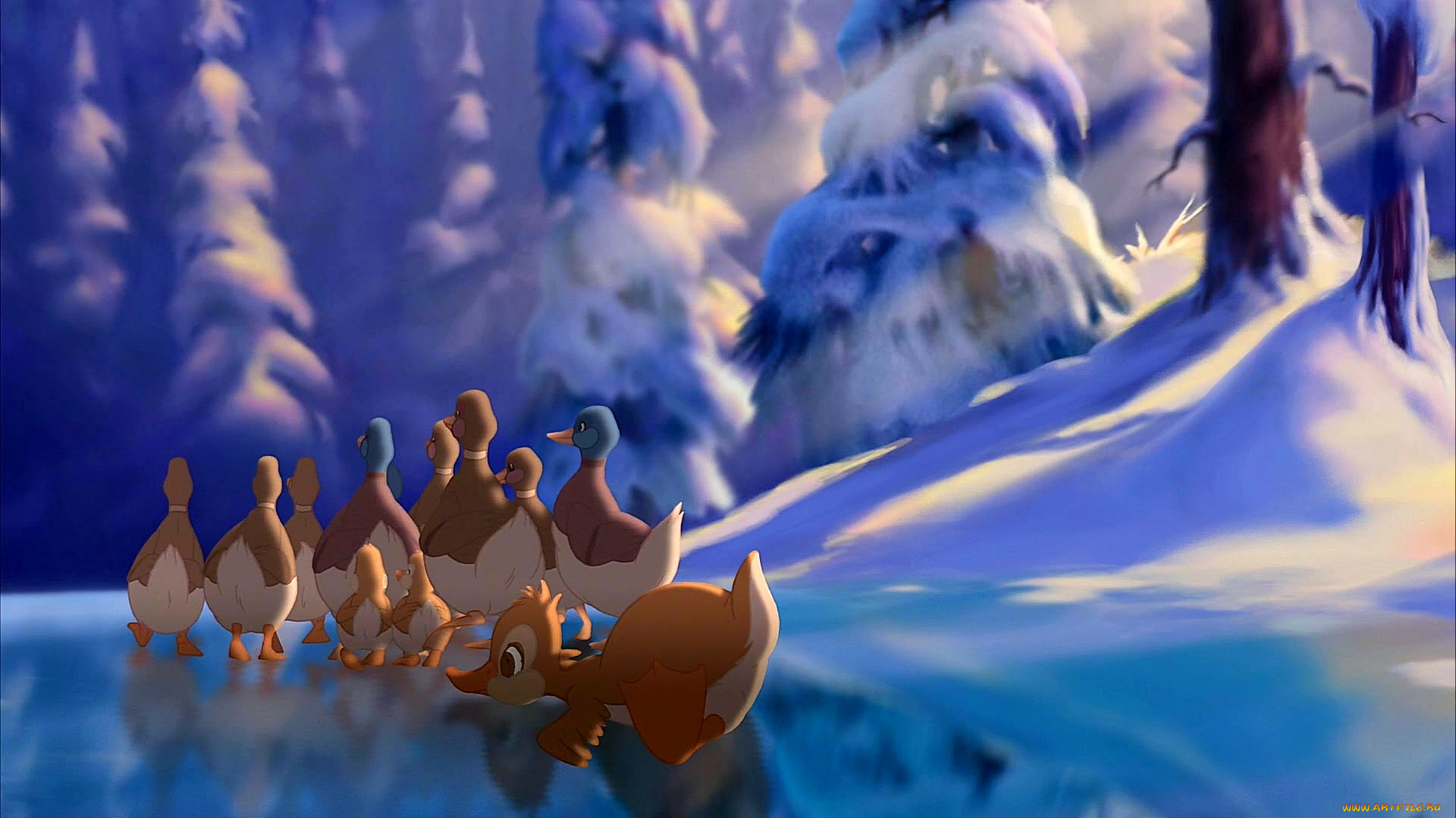 мультфильмы, bambi, 2, утка, каток, снег, деревья