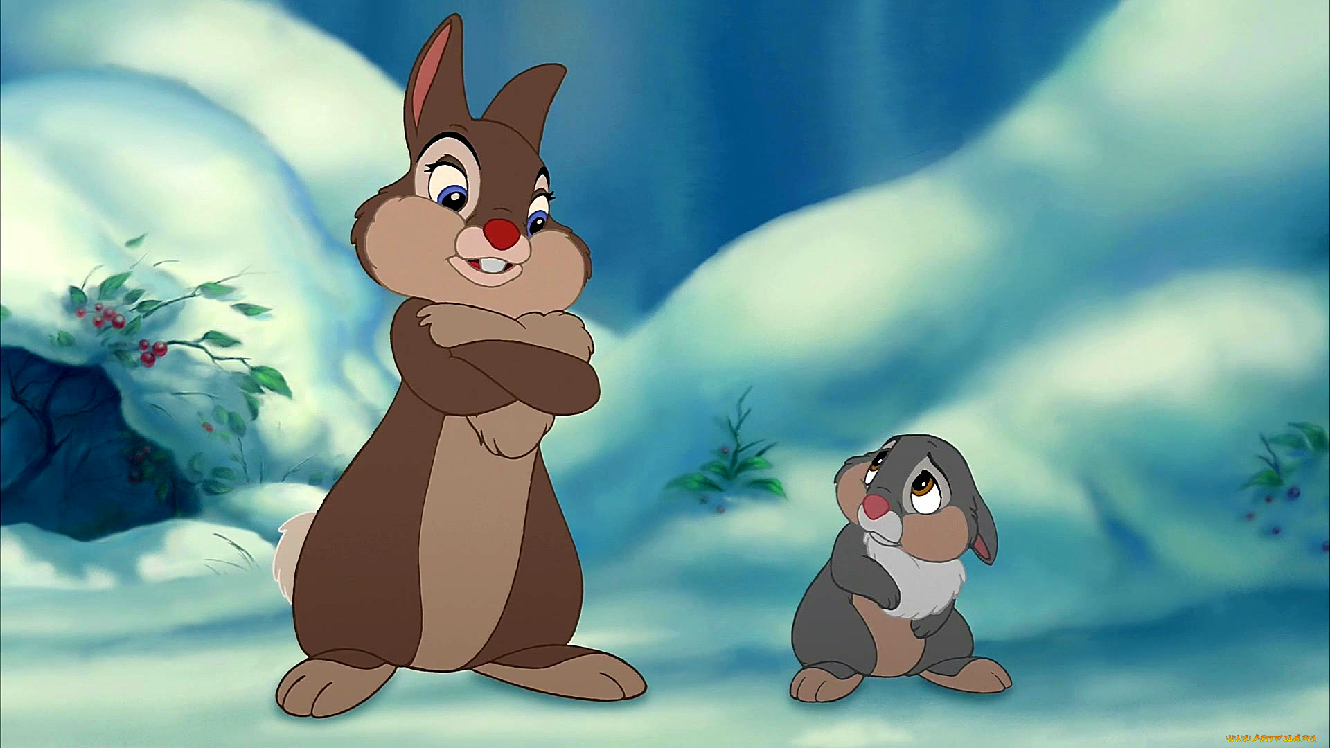 мультфильмы, bambi, 2, заяц, двое, снег, ягода