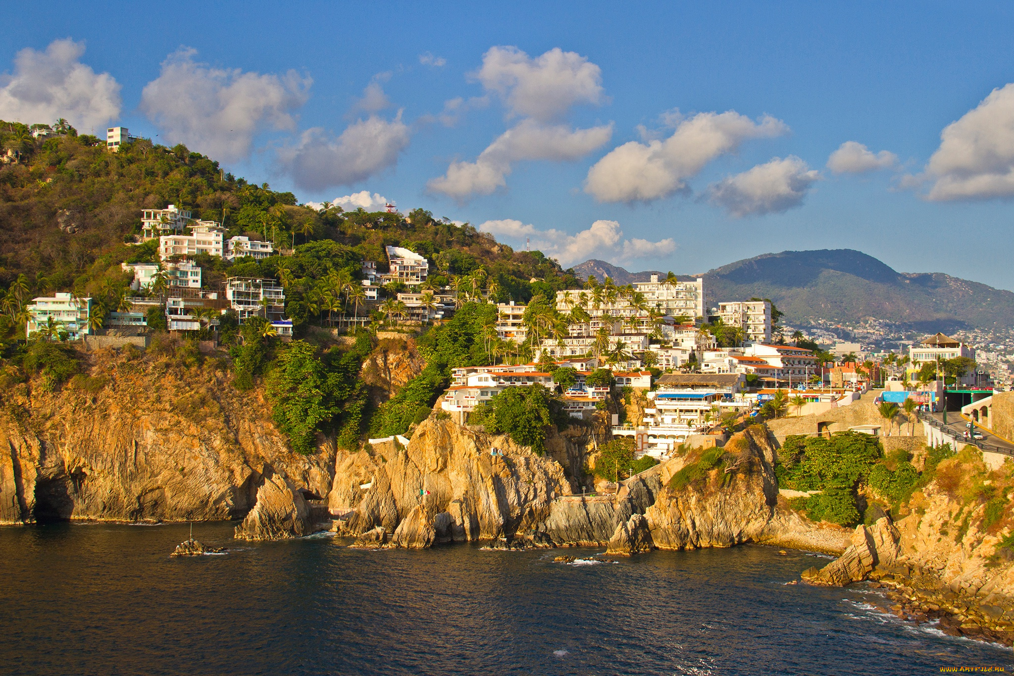 города, -, панорамы, море, горы, дома, acapulco, солнце, небо, скалы, облака, мексика, побережье, деревья