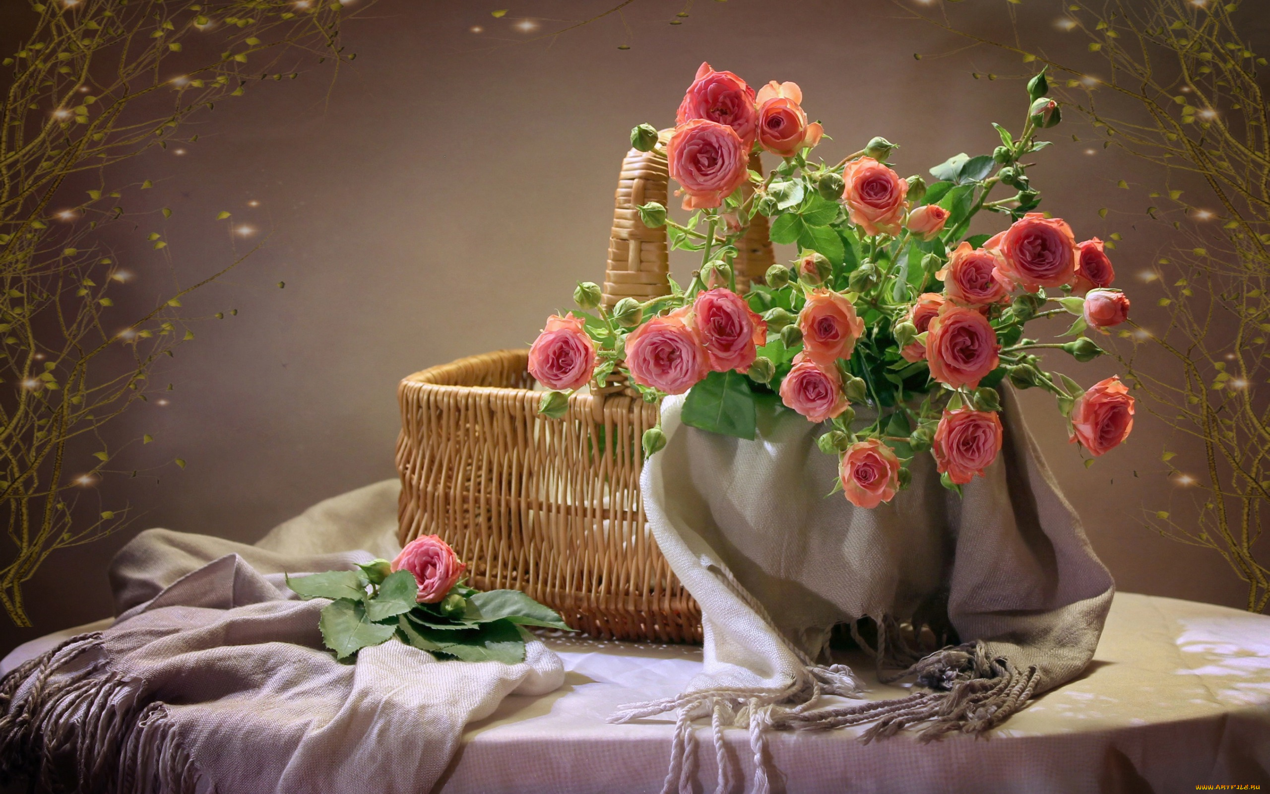 цветы, букеты, , композиции, розовые, скатерть, корзина, розы, стол, фон
