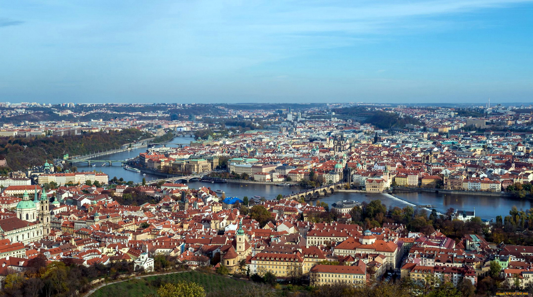 города, прага, , Чехия, влтава, панорама, мосты, река