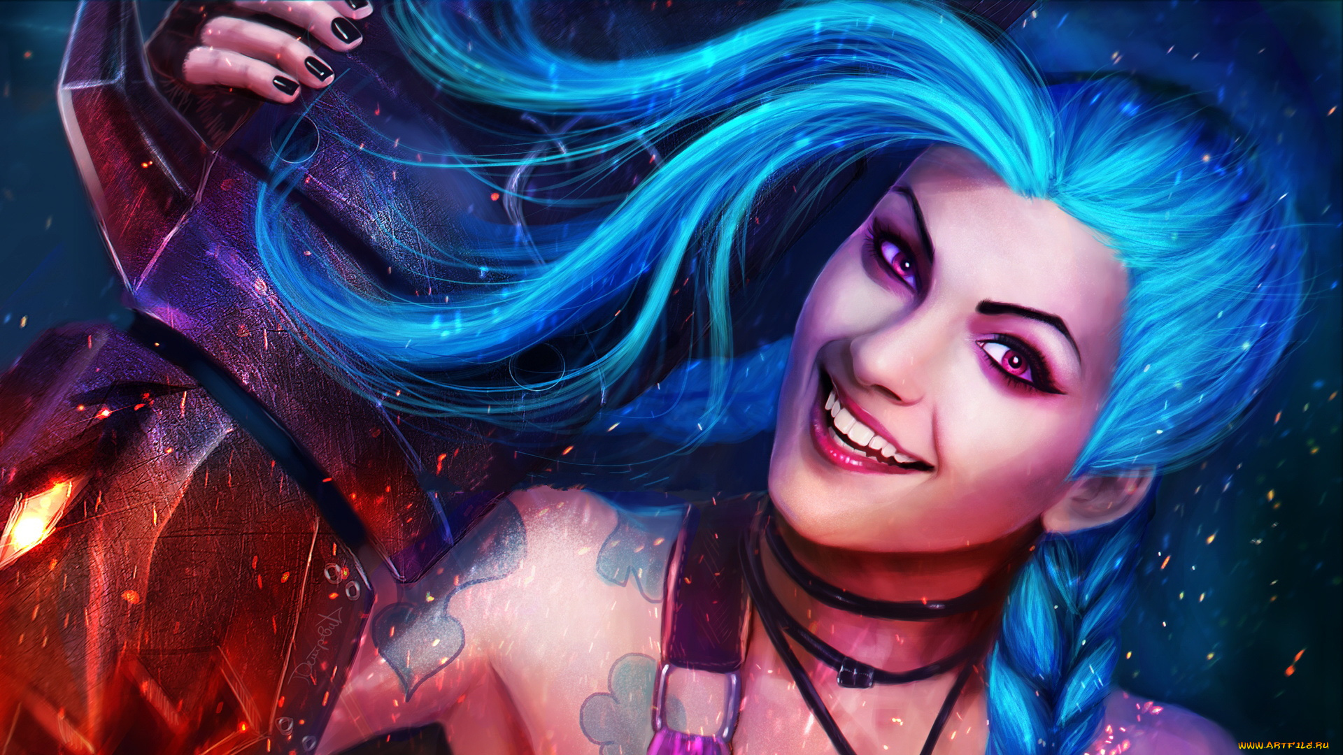 фэнтези, девушки, jinx, улыбка, волосы, лицо, league, of, legends