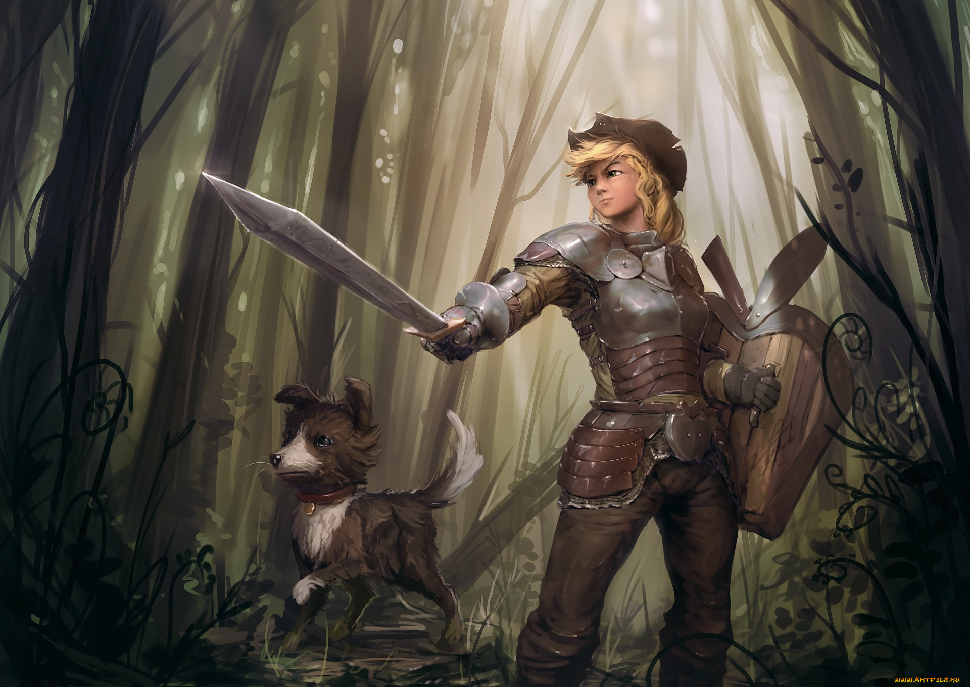 фэнтези, девушки, вайнона, girl, dog, рыцарь, by, assasinmonkey, winona, эпплджек, applejack, щит, меч, доспехи, armor, knight, лес, wood, forest, бордер-колли, fantasy, fanart, фанарт, border, collie, собака, девушка, рисунок, арт, my, little, pony