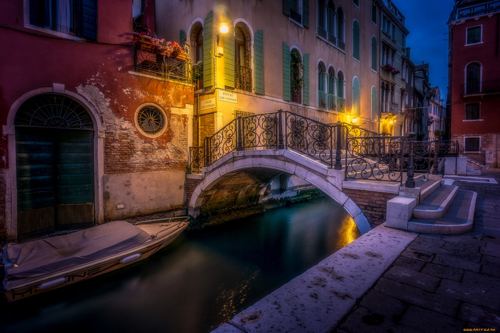 города, венеция, , италия, улица, город, венеция, огни, вечер, мостик, лодка, канал, вода, дома
