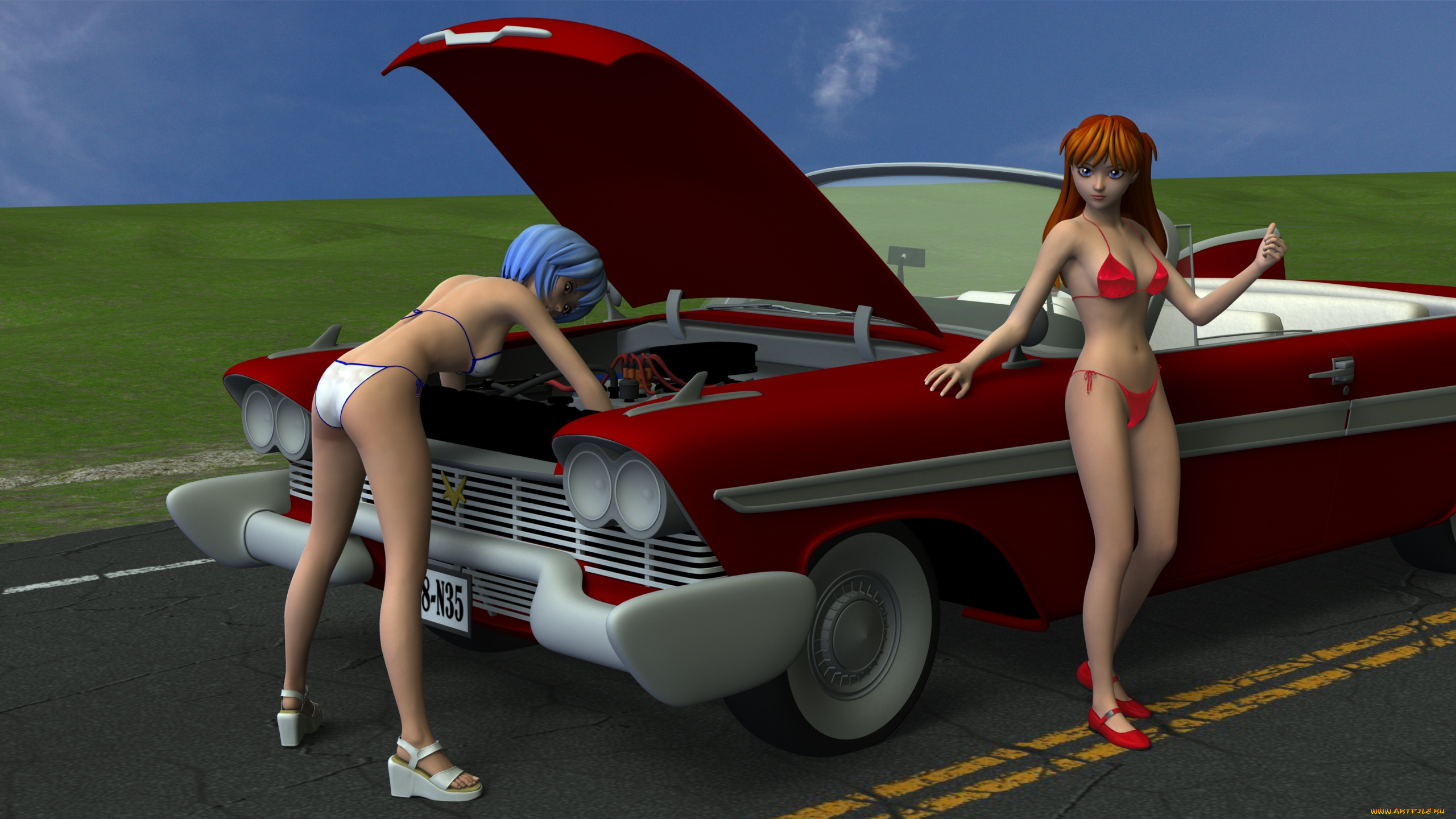 автомобили, 3d, car&girl, автомобиль, фон, взгляд, девушки