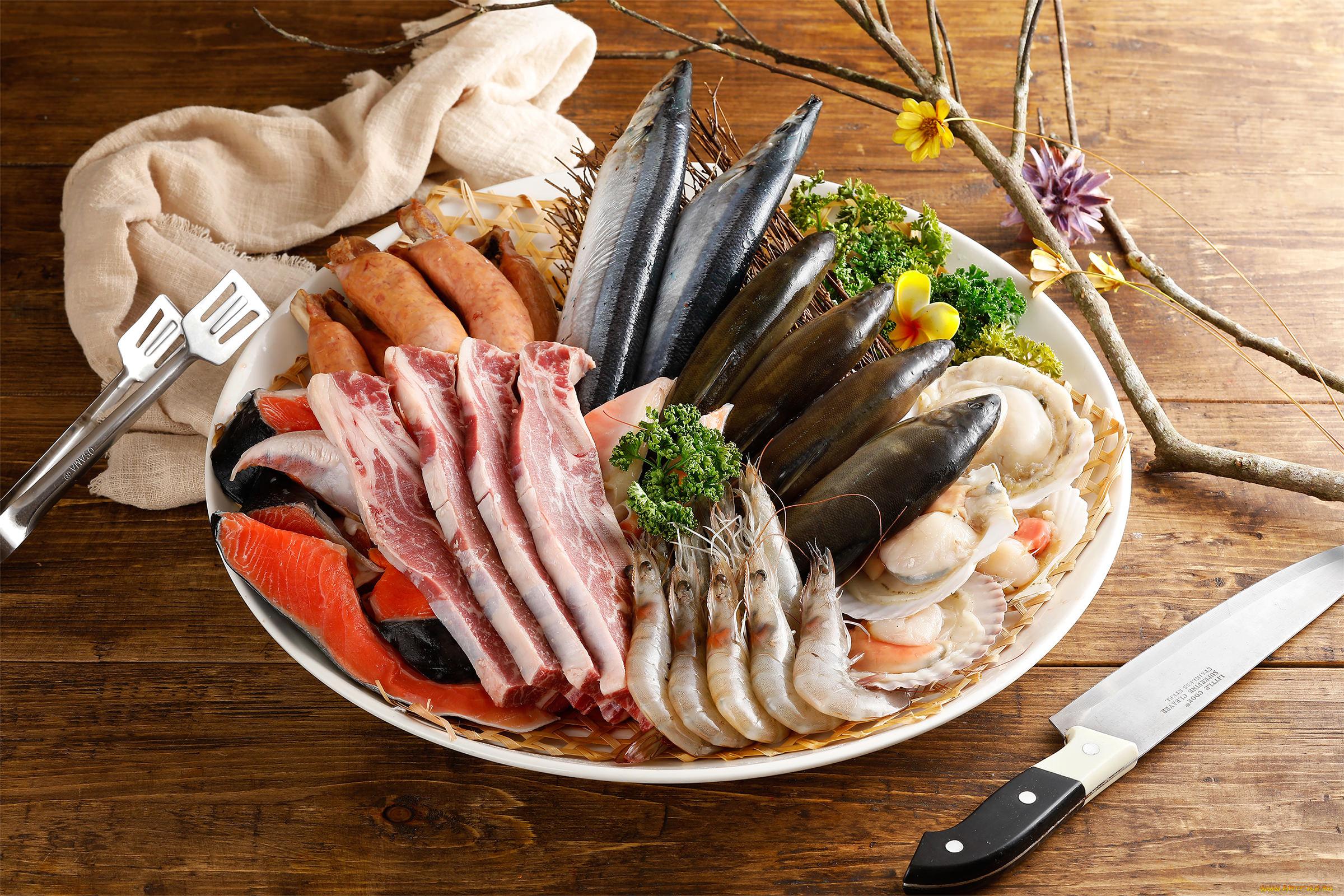 еда, разное, рыба, бекон, креветки, морепродукты