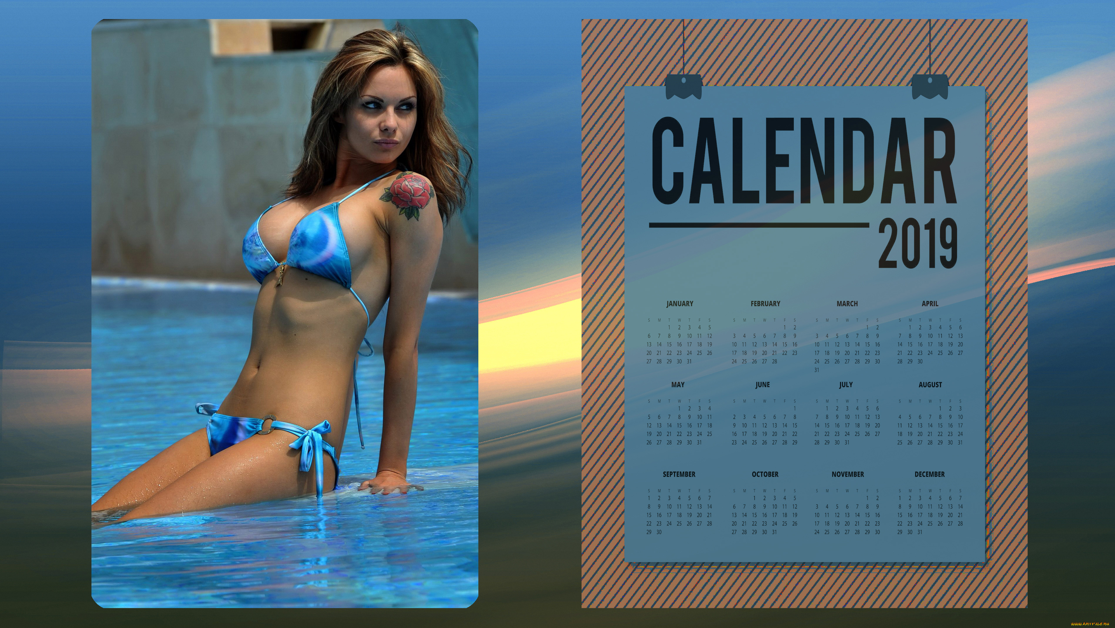 календари, девушки, купальник, женщина, вода, тату