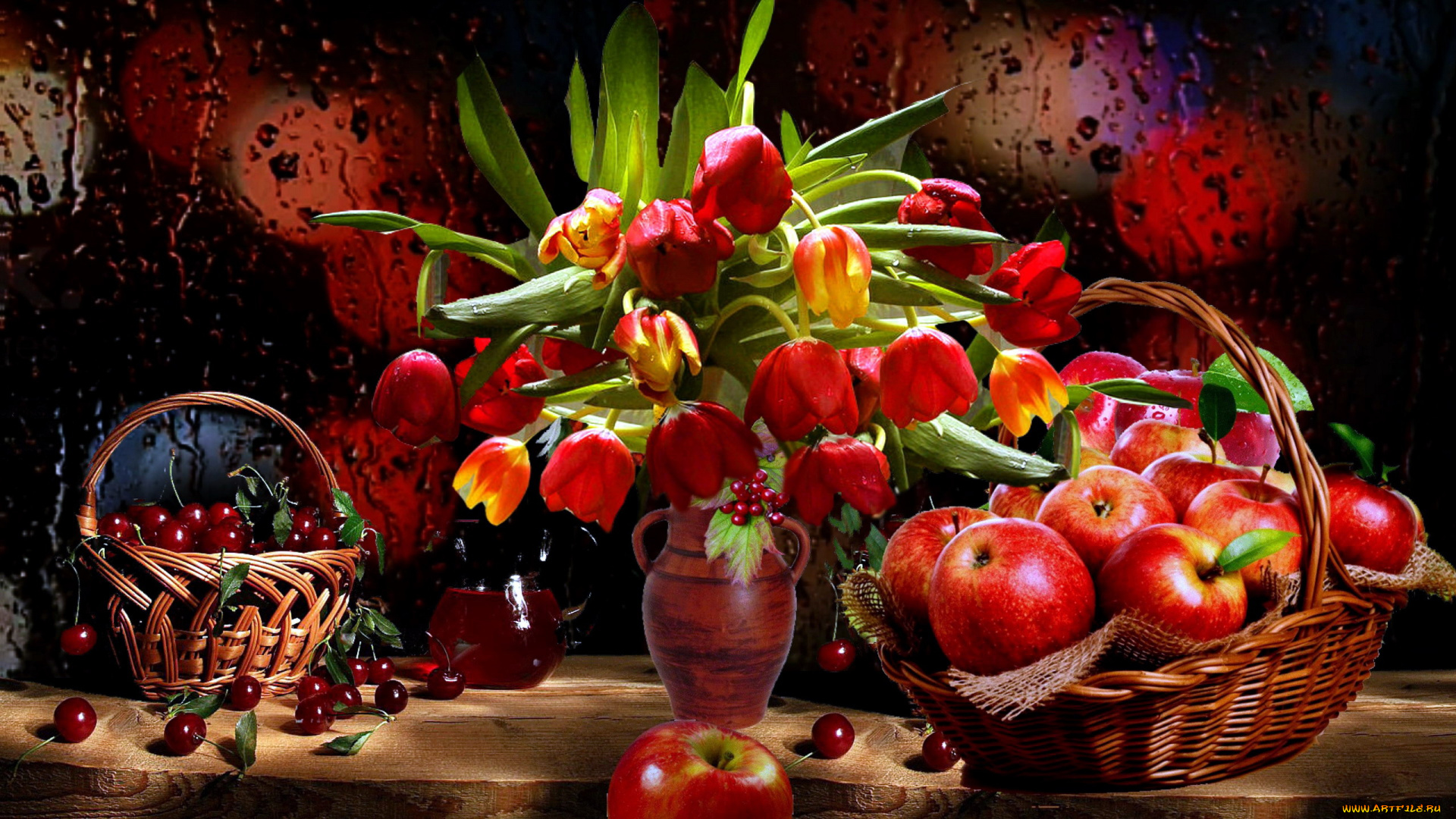 еда, натюрморт, букет, тюльпаны, вишня, корзинка, яблоки
