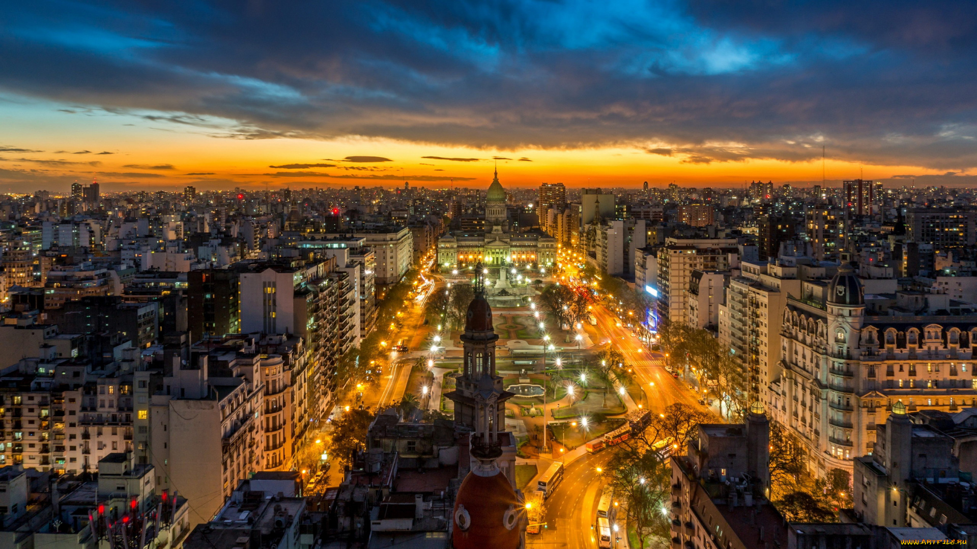 города, буэнос-айрес, , аргентина, вечер, огни, панорама