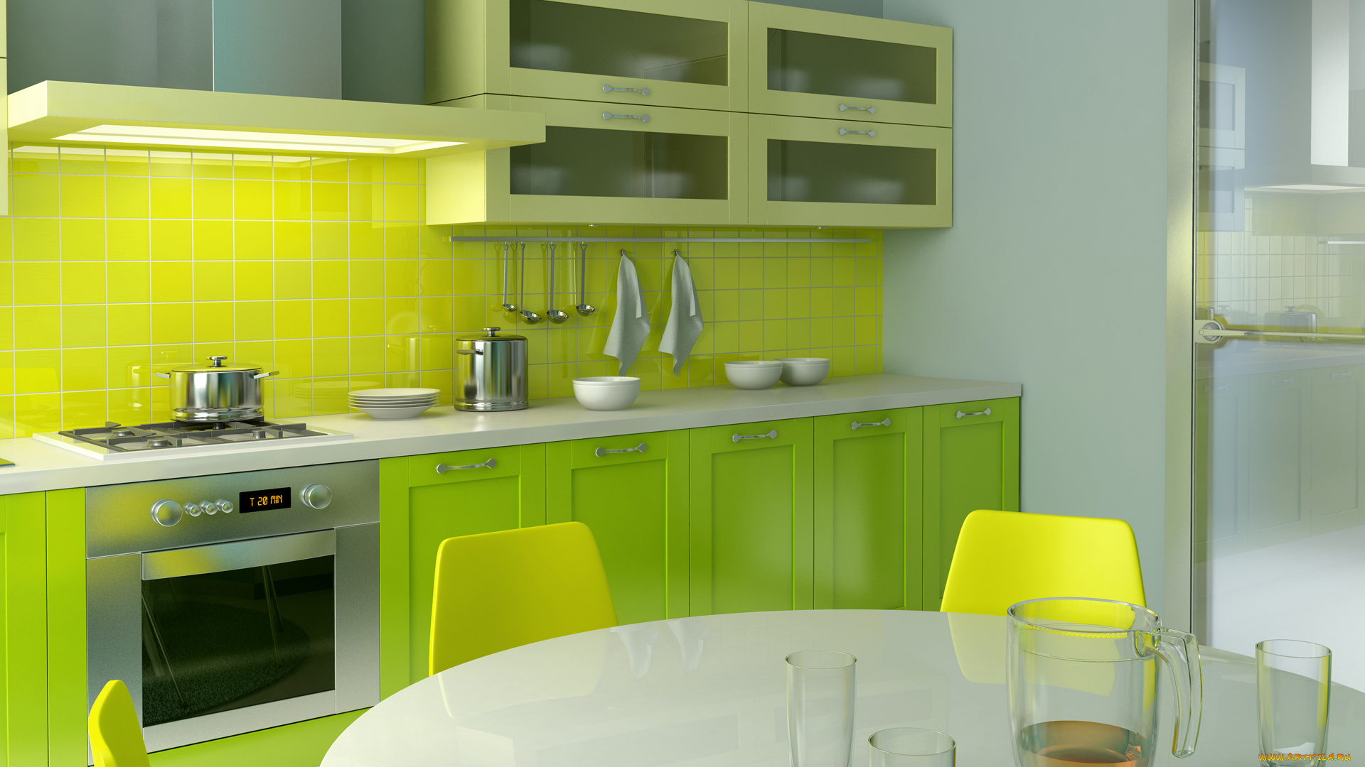 3д, графика, realism, реализм, яркий, интерьер, комната, дизайн, стиль, кухня, зеленый, желтый, стол, стулья