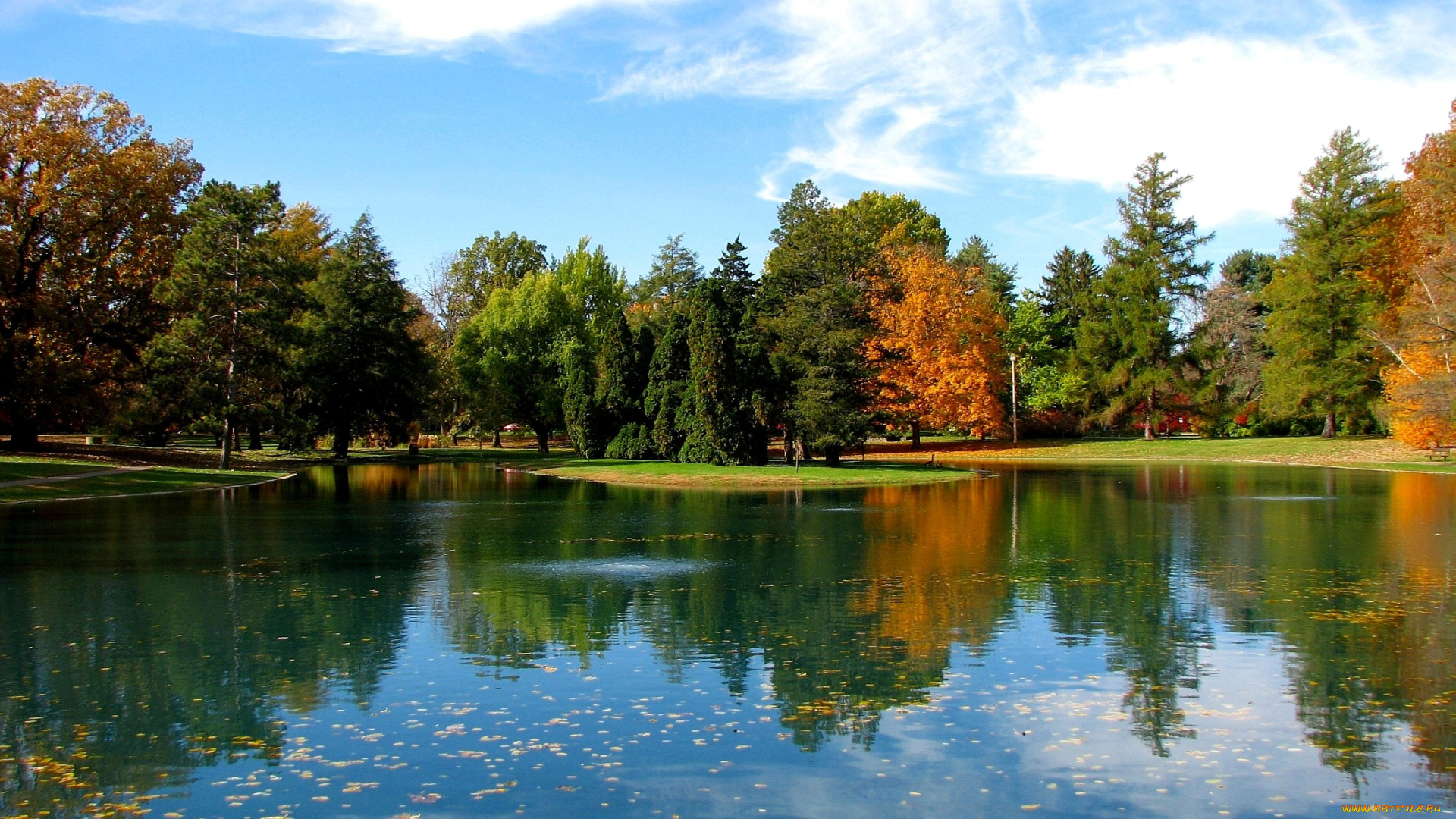 природа, парк, деревья, вода, отражение, осень
