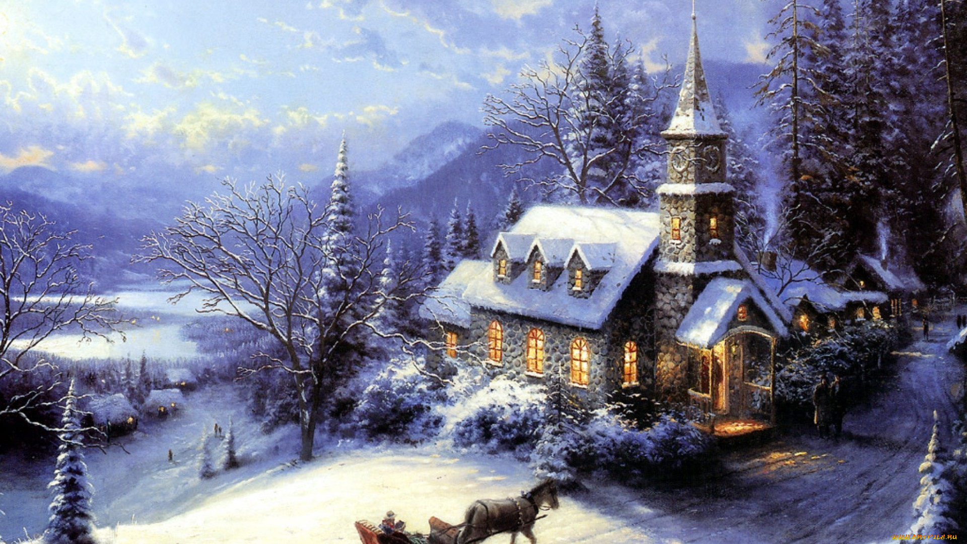 thomas, kinkade, рисованные, церковь, зима, сани