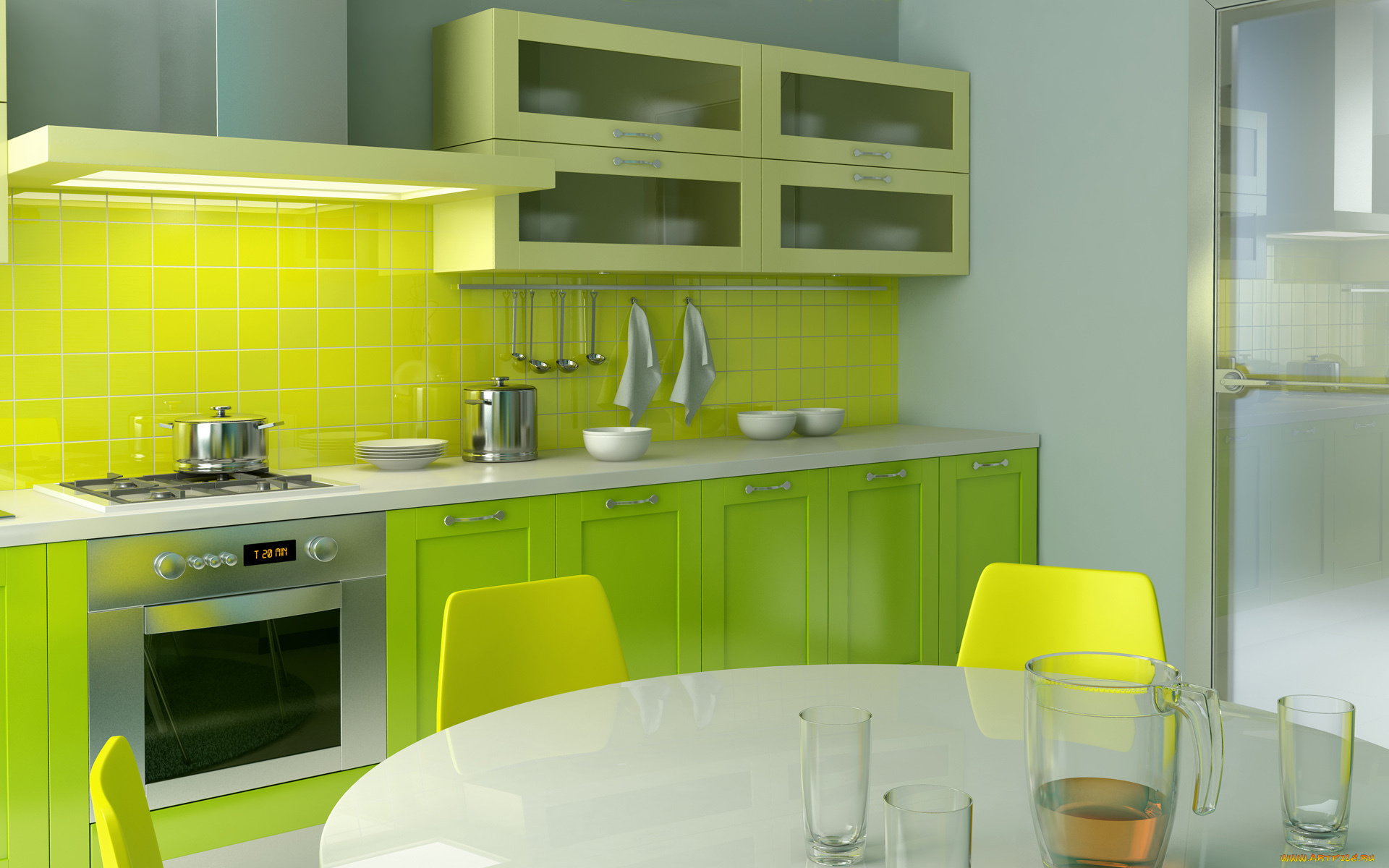 3д, графика, realism, реализм, яркий, интерьер, комната, дизайн, стиль, кухня, зеленый, желтый, стол, стулья