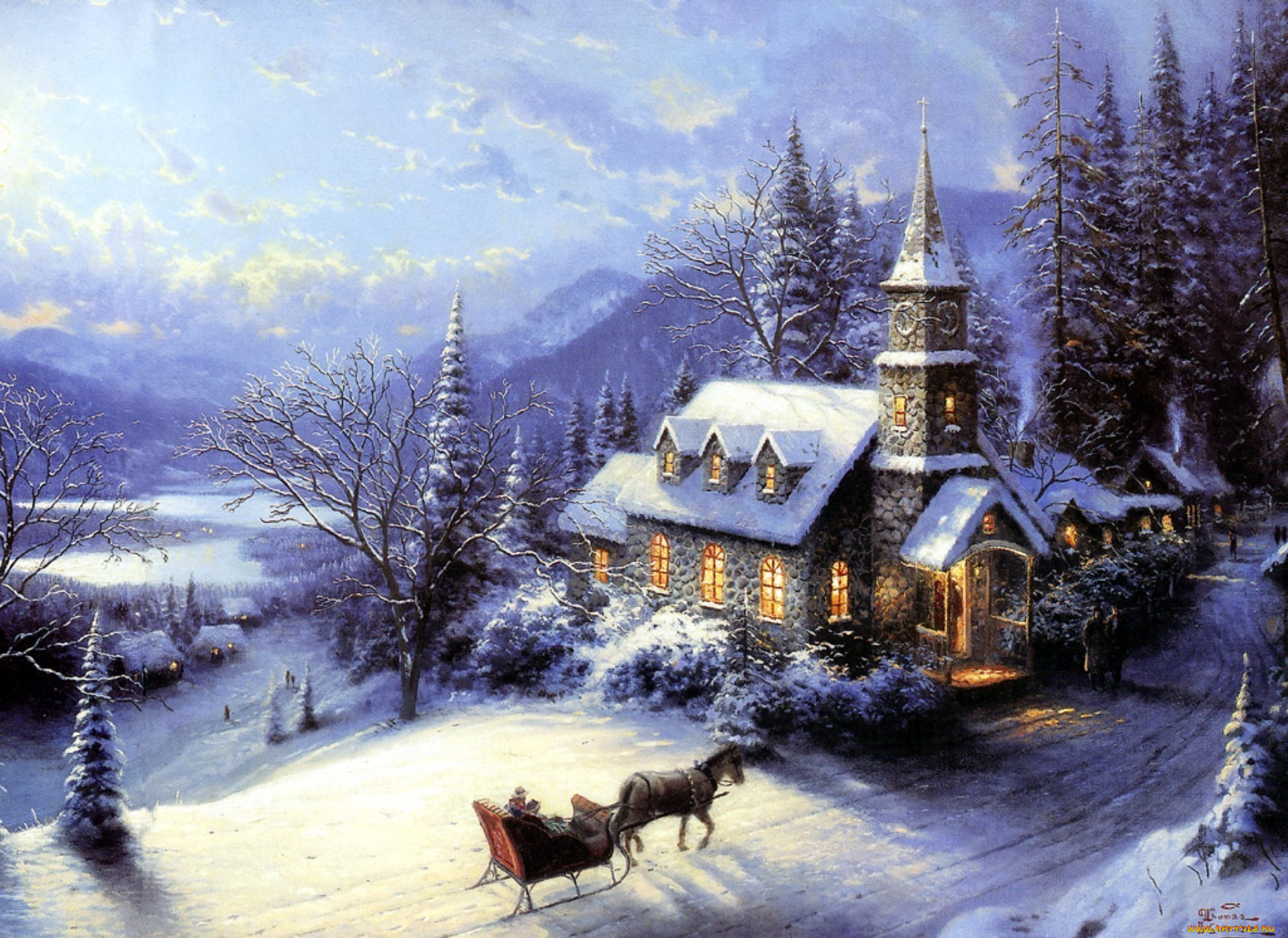 thomas, kinkade, рисованные, церковь, зима, сани