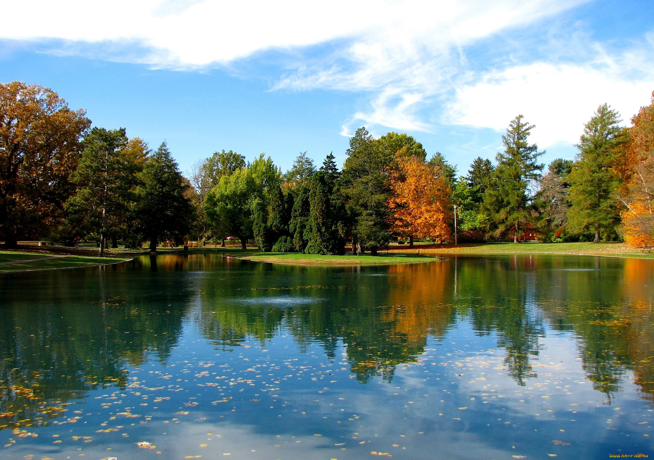 природа, парк, деревья, вода, отражение, осень