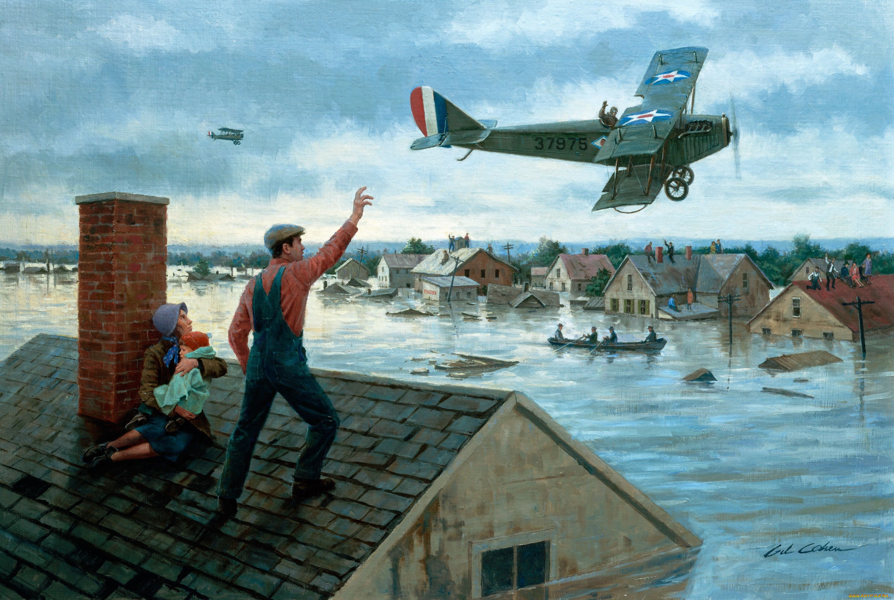 gil, cohen, рисованные, дома, наводнение, самолёт, лодка, крыша