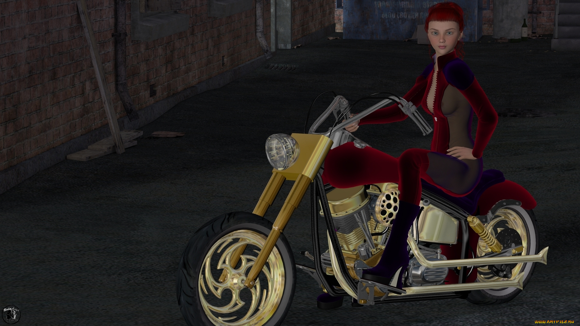 мотоциклы, 3d, взгляд, девушка, мотоцикл, фон, рыжая