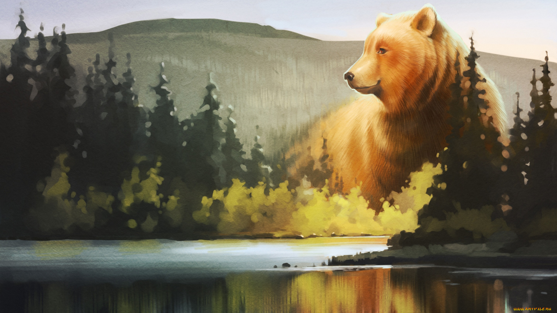 рисованное, животные, , медведи, медведь, лес, озеро
