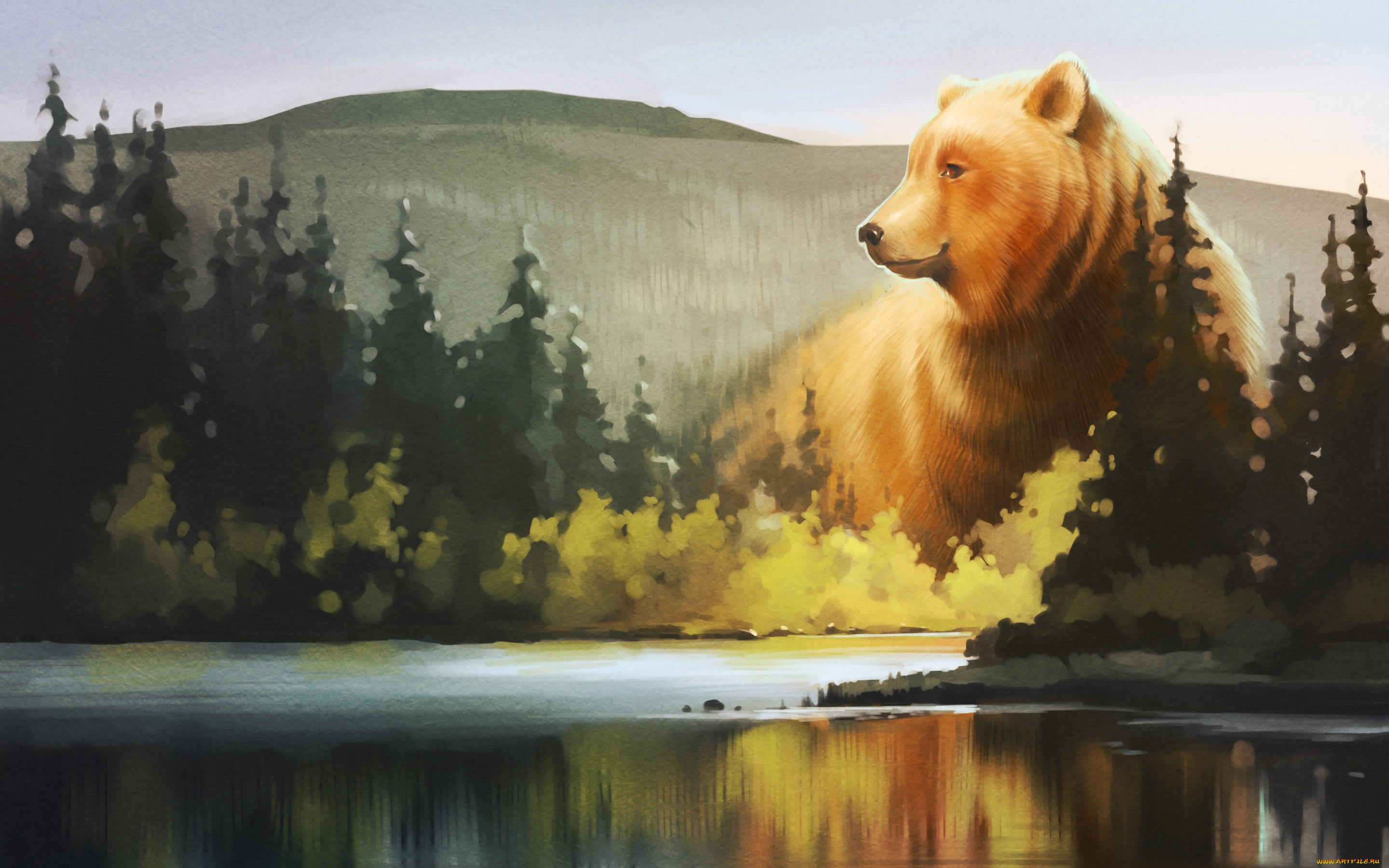 рисованное, животные, , медведи, медведь, лес, озеро