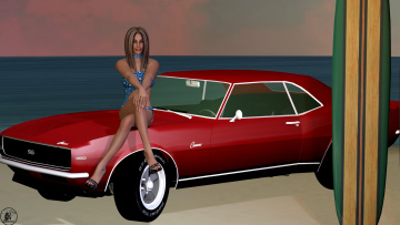 Картинка автомобили 3d+car&girl море пляж автомобиль девушка взгляд фон