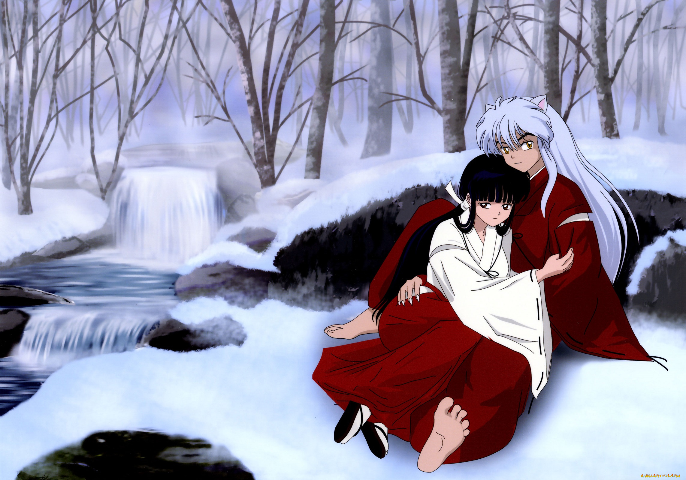 аниме, inuyasha, объятия, зима, пара, кикио, инуяша