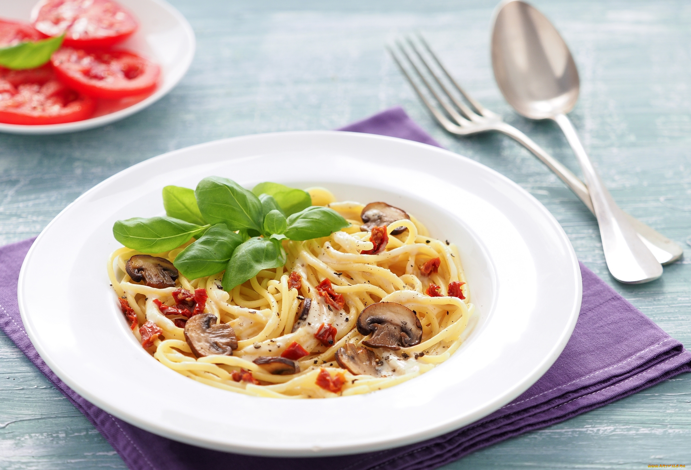 еда, макаронные, блюда, помидор, спагетти, паста, грибы, базилик