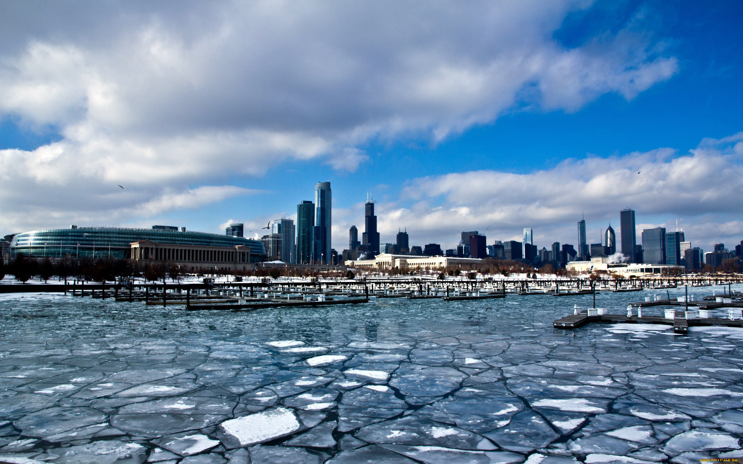 города, Чикаго, , сша, река, лед