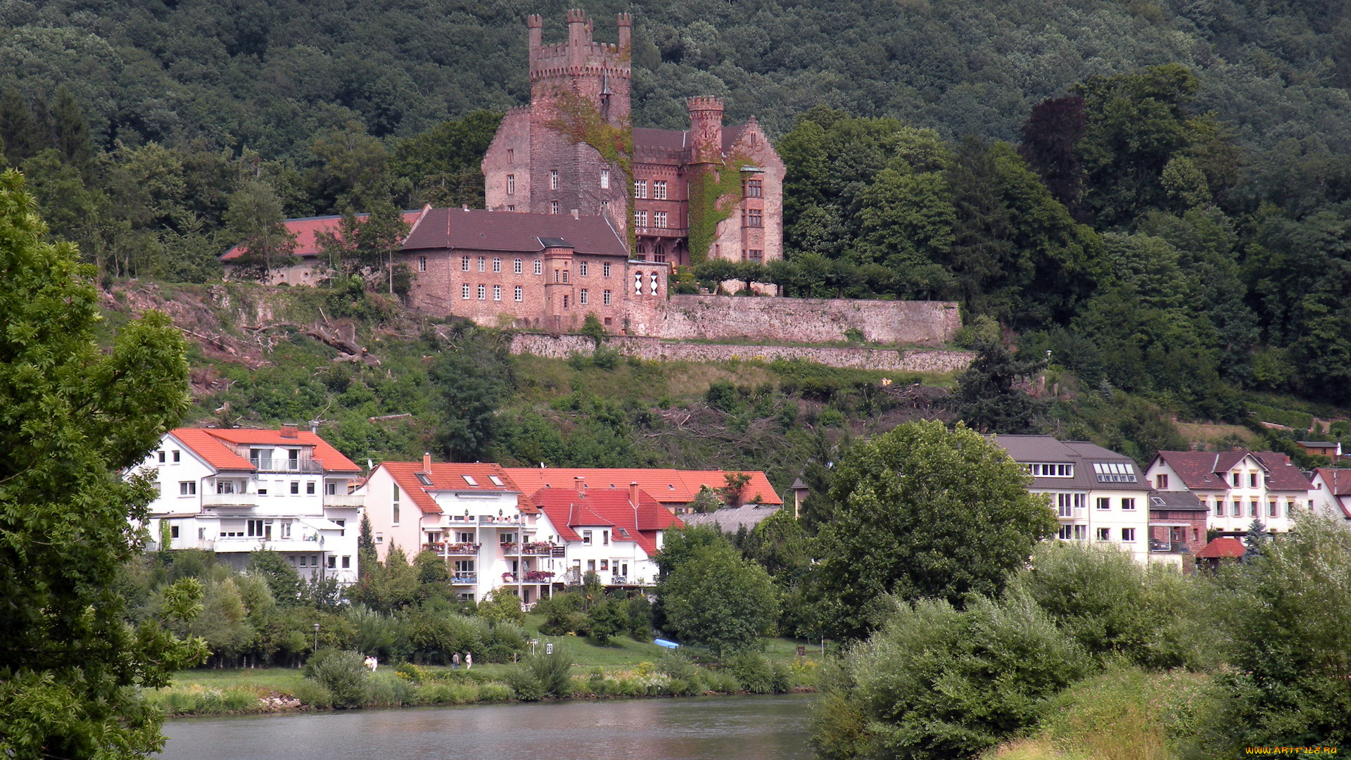 mittelburg, castle, germany, города, дворцы, замки, крепости, река, здания, замок, лодки, лес