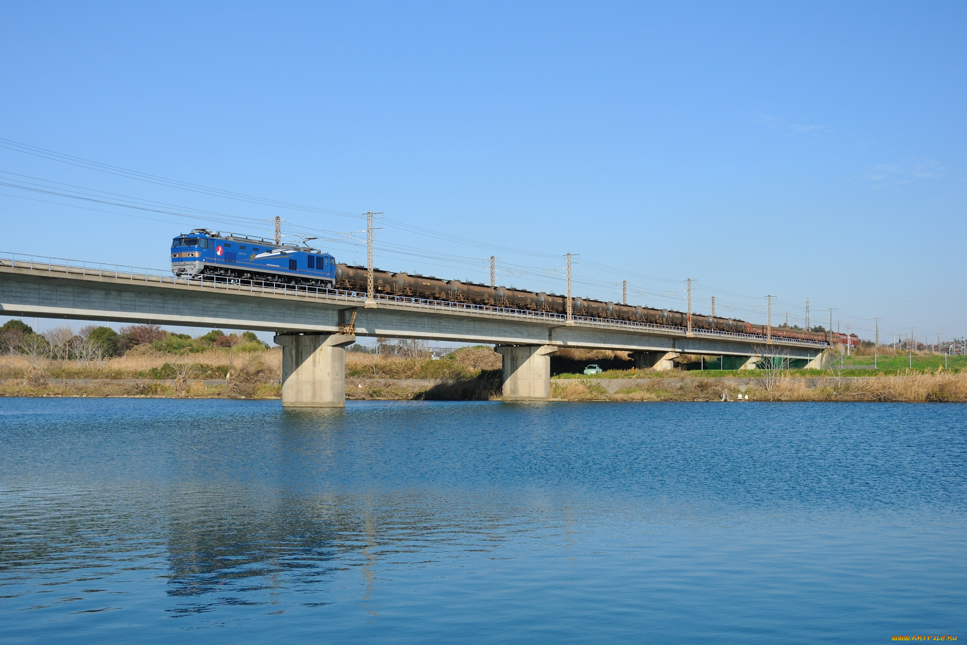 техника, поезда, мост, река