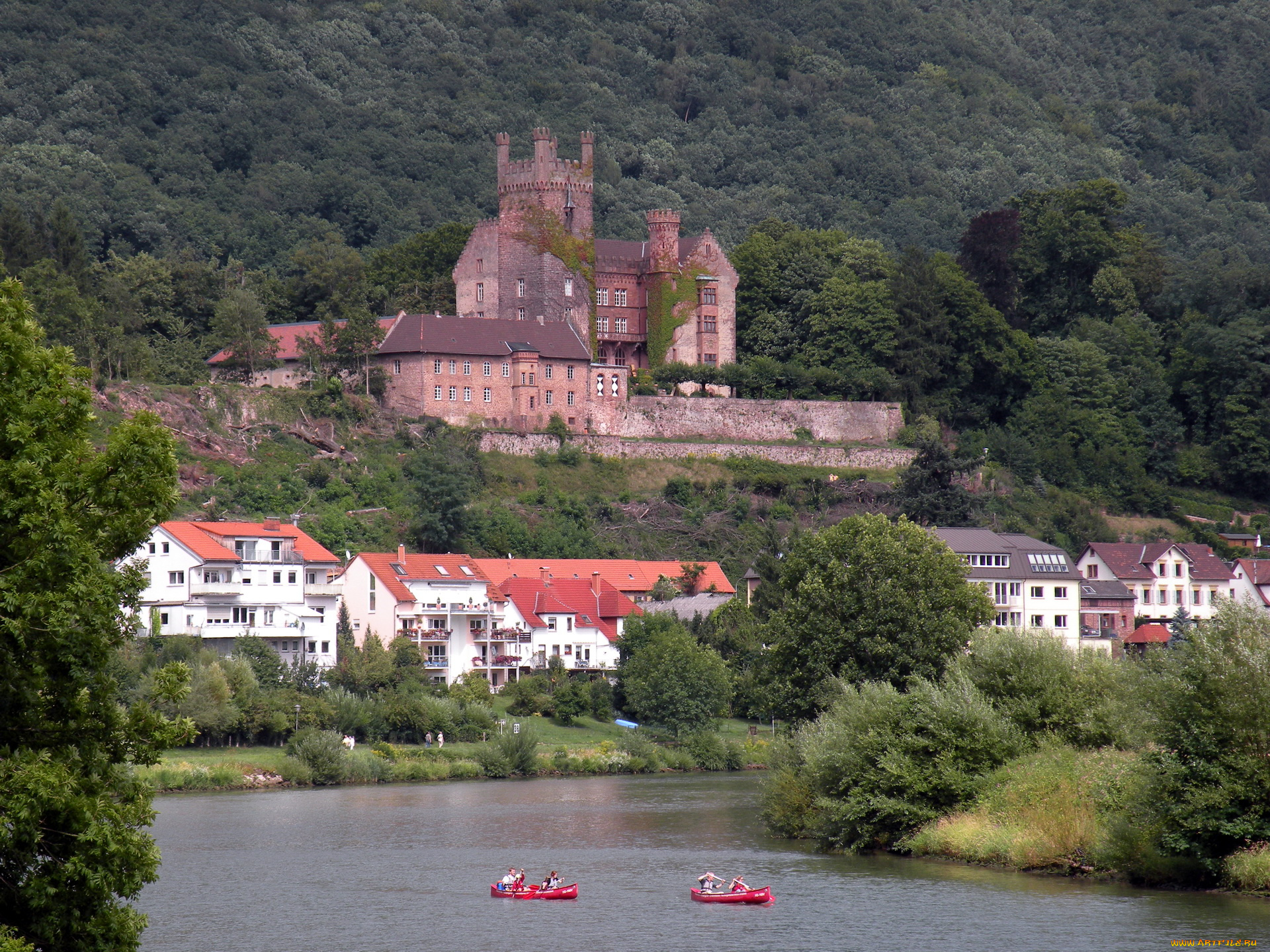 mittelburg, castle, germany, города, дворцы, замки, крепости, река, здания, замок, лодки, лес