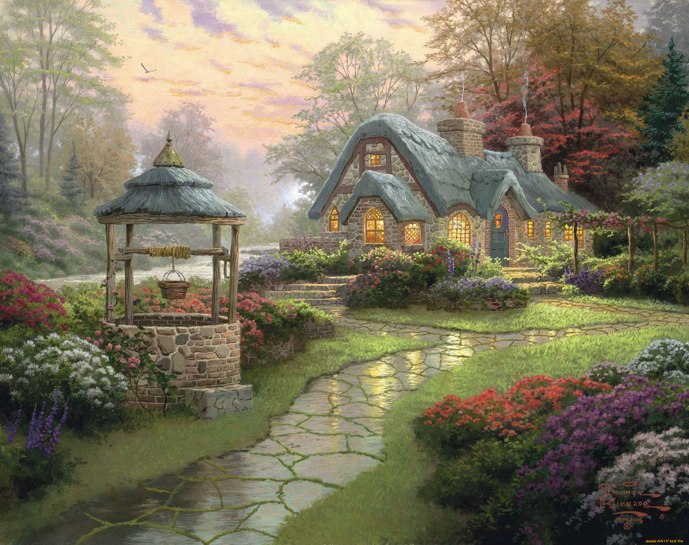 thomas, kinkade, рисованные, пейзаж, дом, колодец, цветы