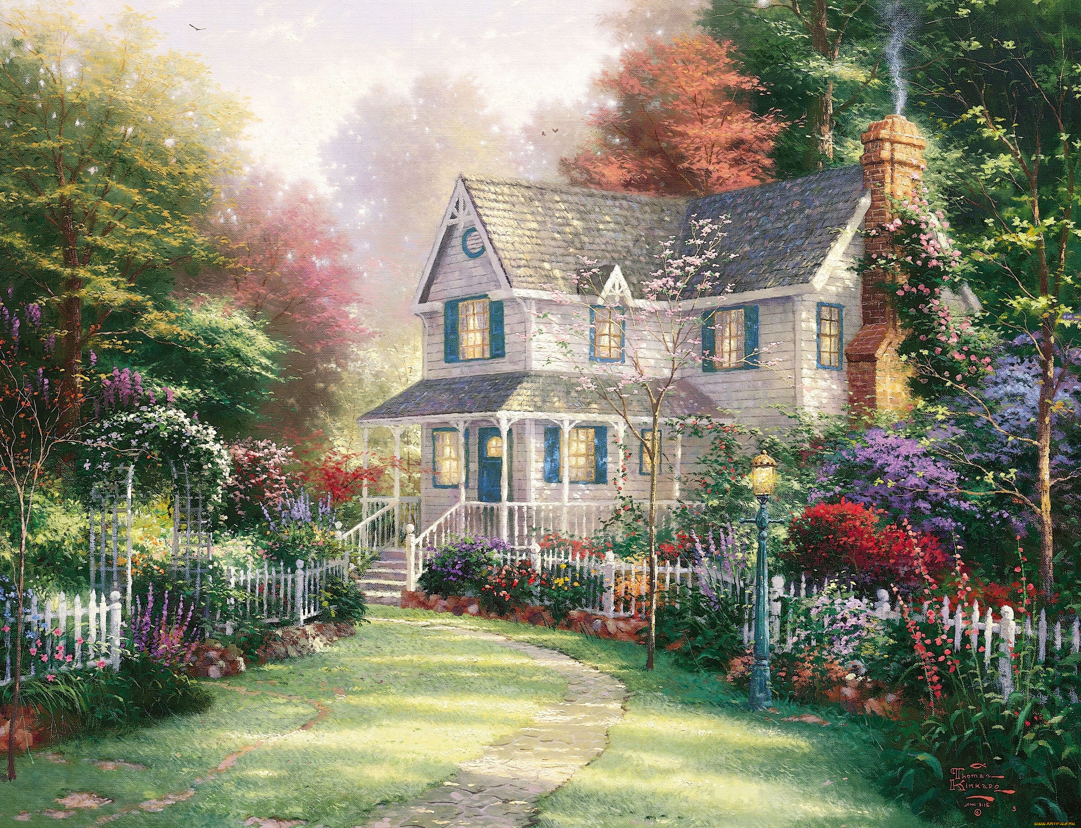 thomas, kinkade, рисованные, сад, дом
