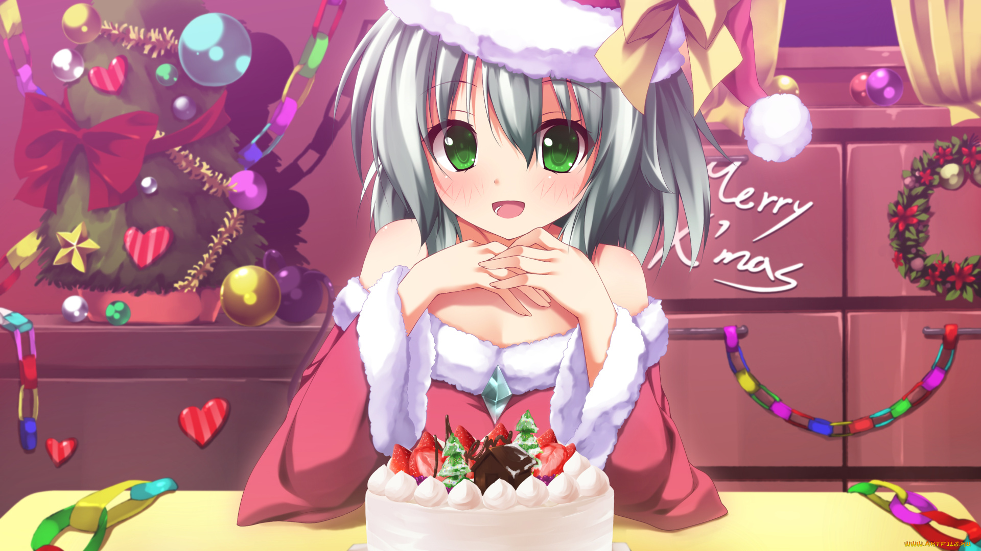 by, nironiro, аниме, touhou, шапка, winter, девушка, merry, chrismas, komeiji, koishi, украшения, бант, елка, торт, костюм