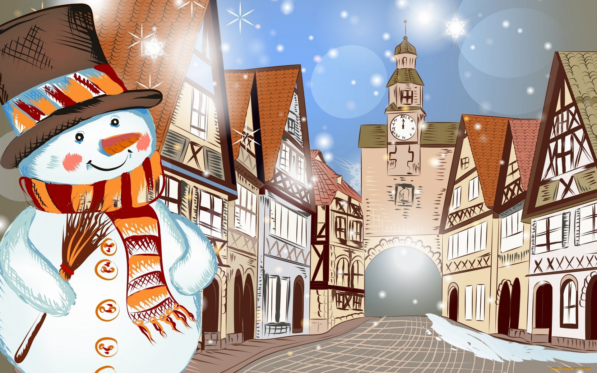 праздничные, рисованные, город, часы, снег, здания, дома, снеговик, зима