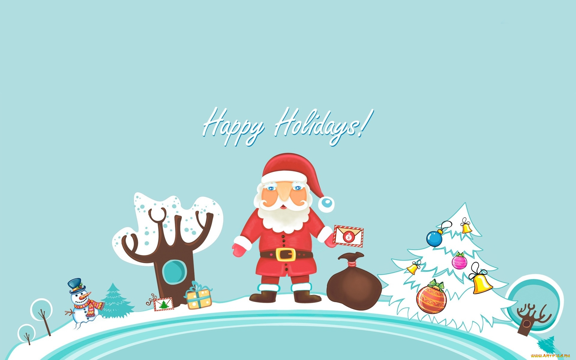праздничные, векторная, графика, , новый, год, поздравление, ёлка, коробки, подарки, зима, снег, деревья, снеговик, мешок, конверт, дед, мороз