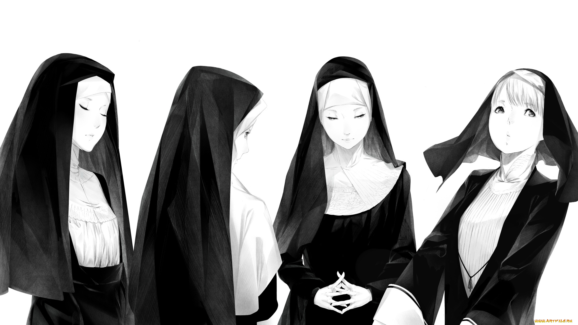 аниме, unknown, , другое, монахини, черный, белый, sawasawa, арт, девушки