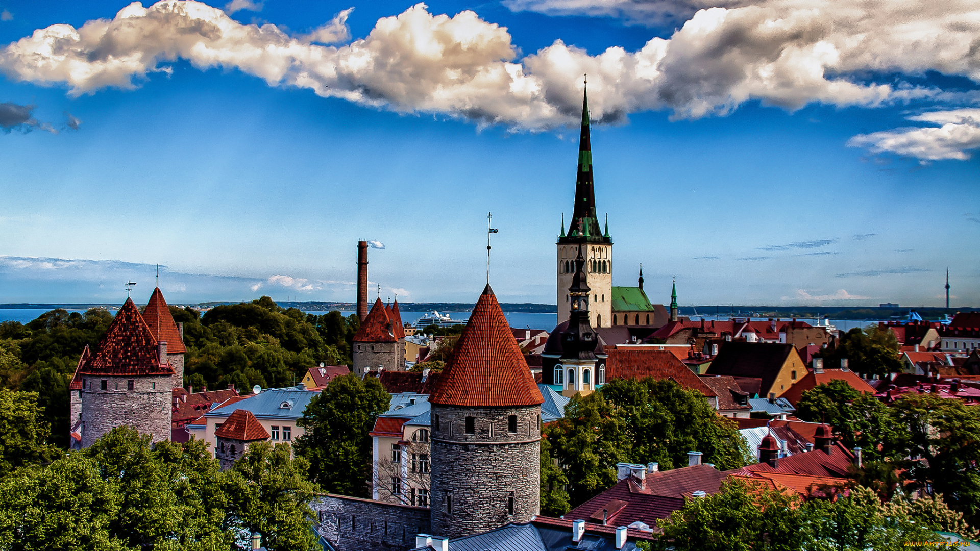 города, таллин, , эстония, панорама, дома, деревья, пейзаж, башня, таллинн, море