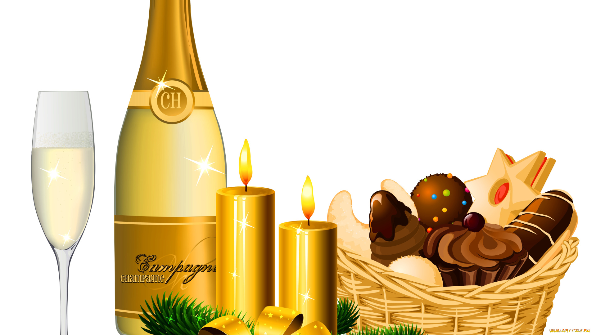 праздничные, векторная, графика, , новый, год, бокал, шампанское, свечи