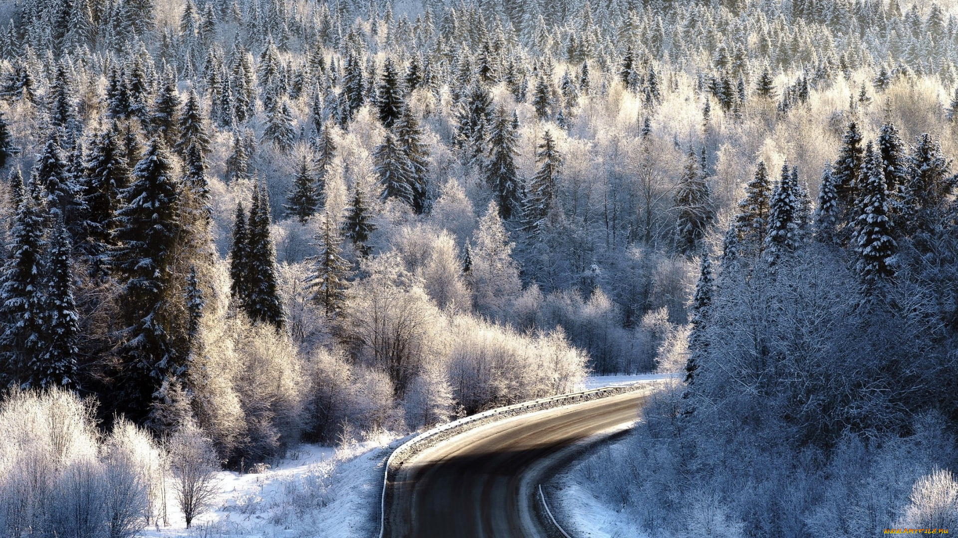 природа, дороги, поворот, дорога, пейзаж, лес, деревья, зима, иней