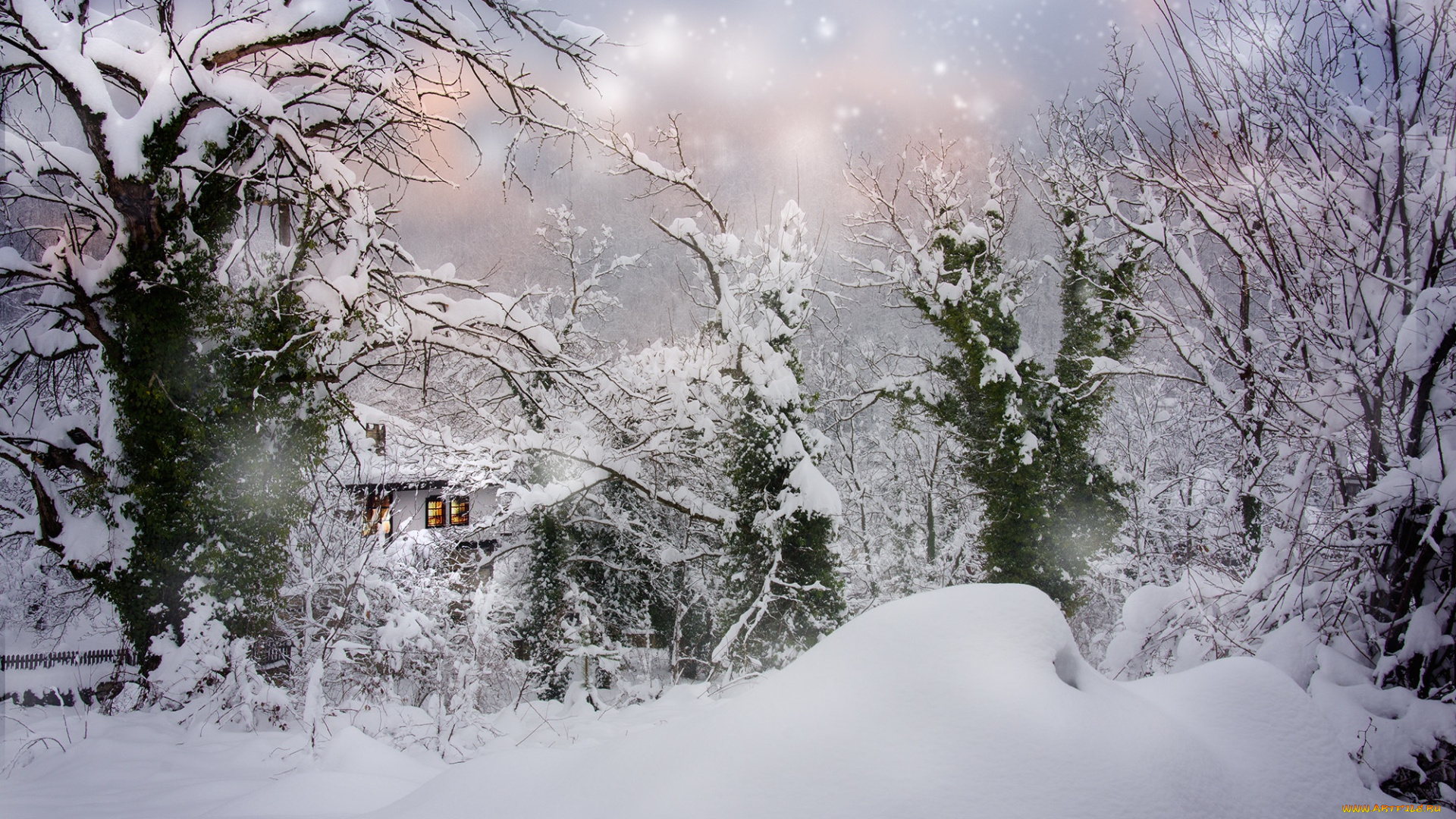 природа, зима, дом, сугробы, снегопад, болгария