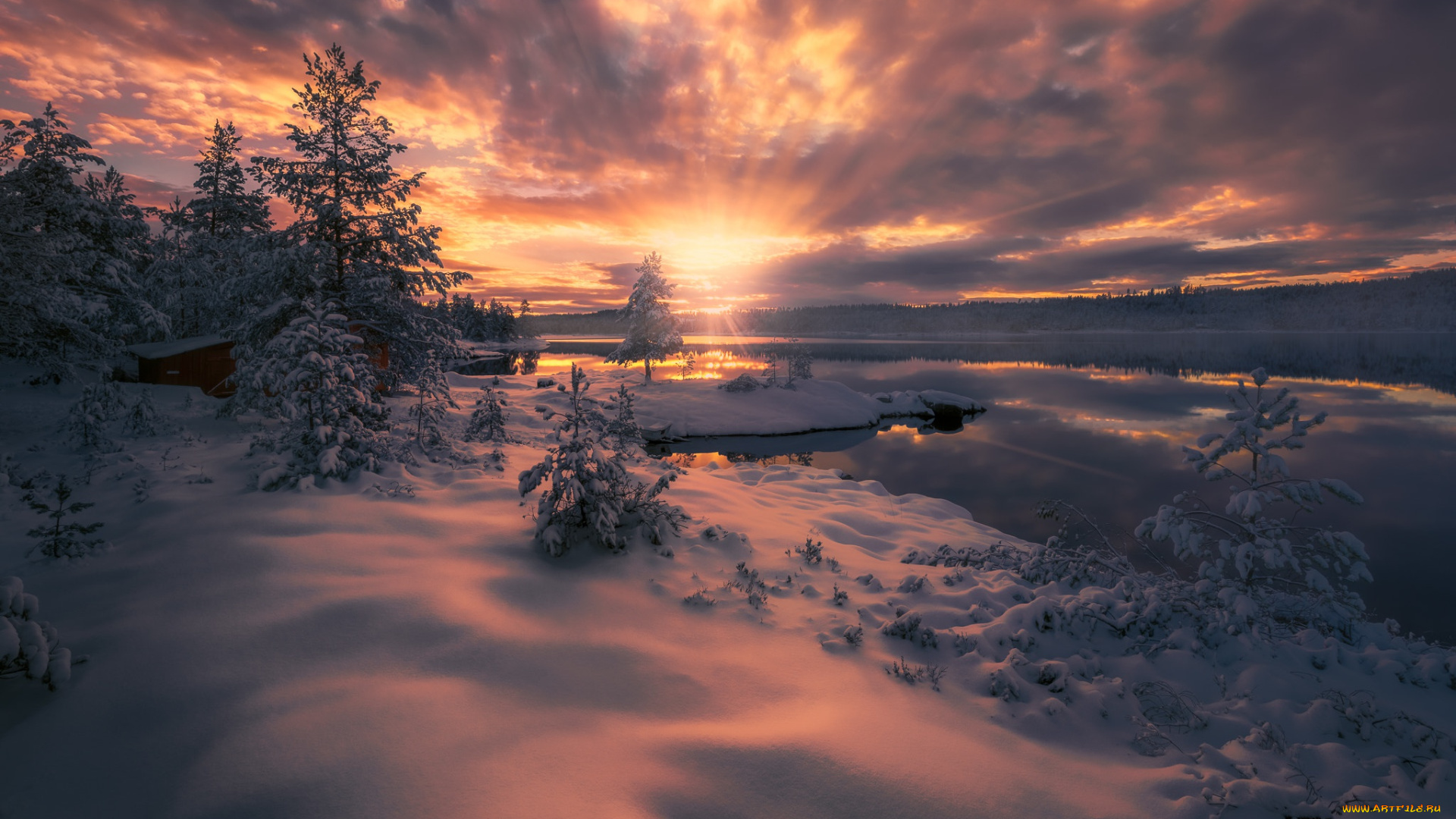 природа, зима, лучи, облака, ole, henrik, skjelstad, ringerike, norway, норвегия, озеро, закат, снег