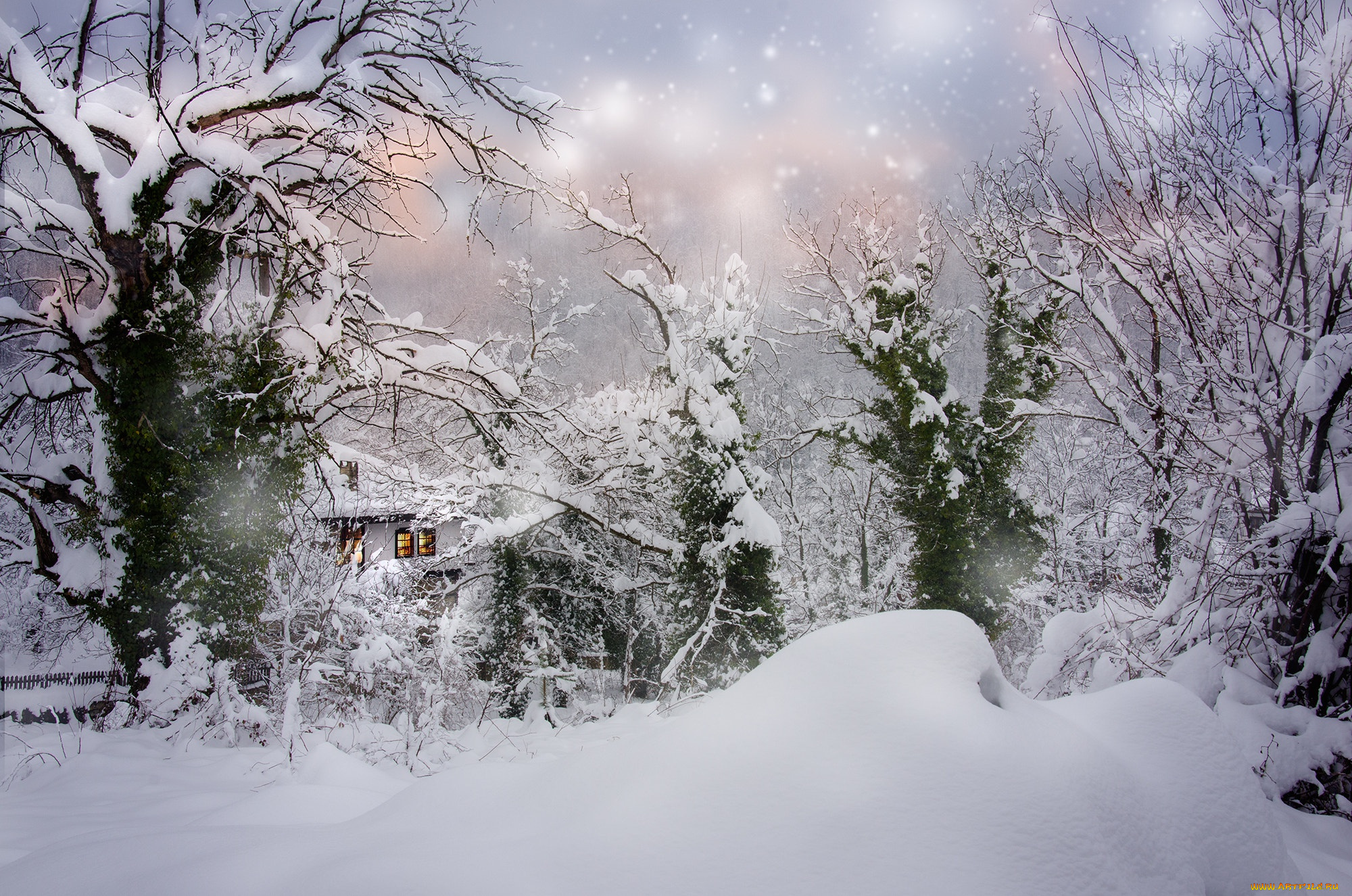 природа, зима, дом, сугробы, снегопад, болгария