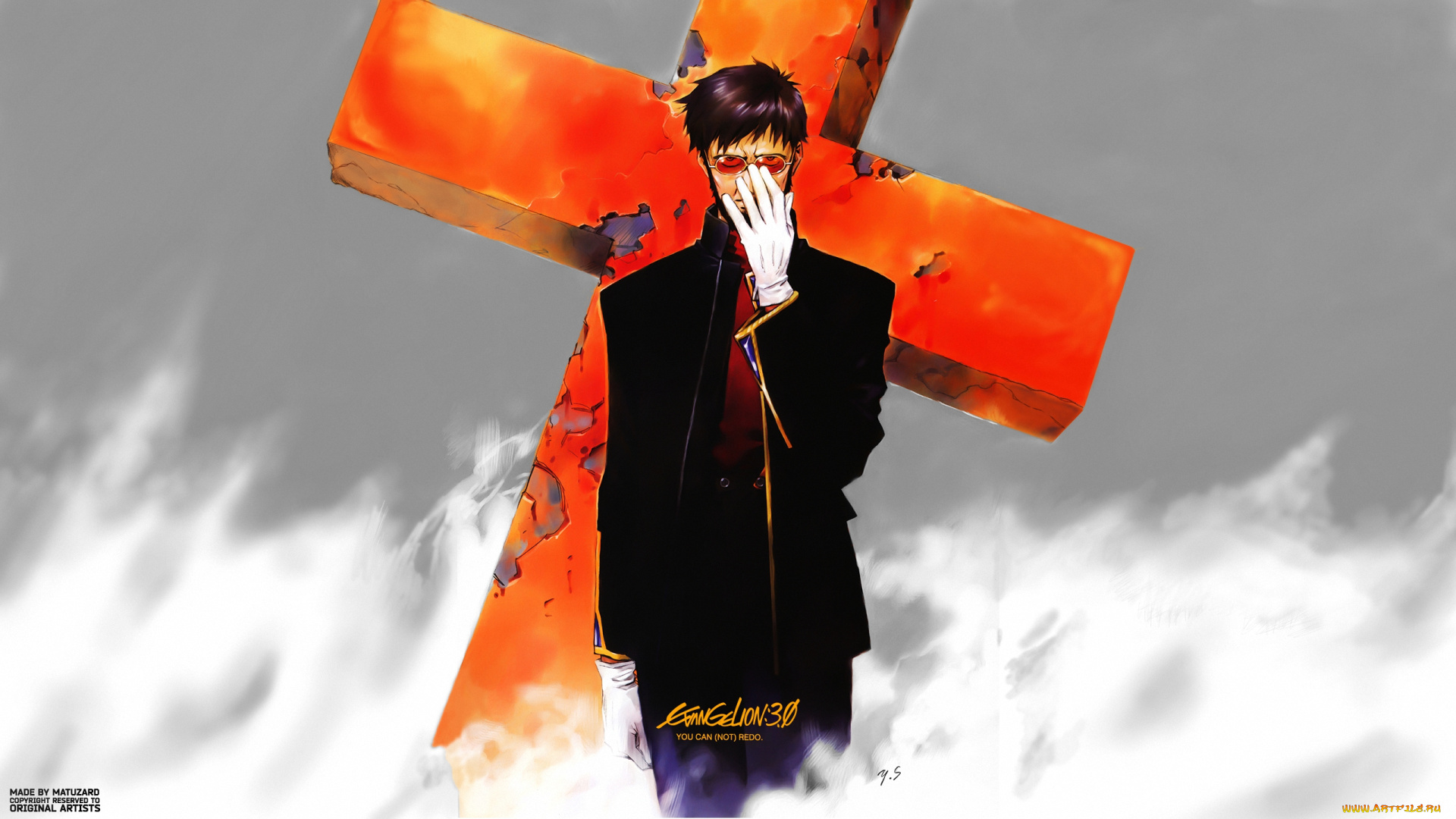 аниме, evangelion, ikari, профессор, gendo, перчатки, очки, огонь, крест